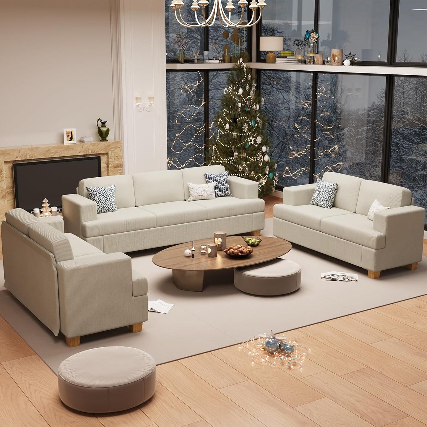 3 Pieces Corduroy Couch Set for Living Room, 3 Seater & Loveset*2 Cloud Sofa, Deep Seat Floor Couch for Bedroom, Futon Modern Sofa Bed, White Corduroy