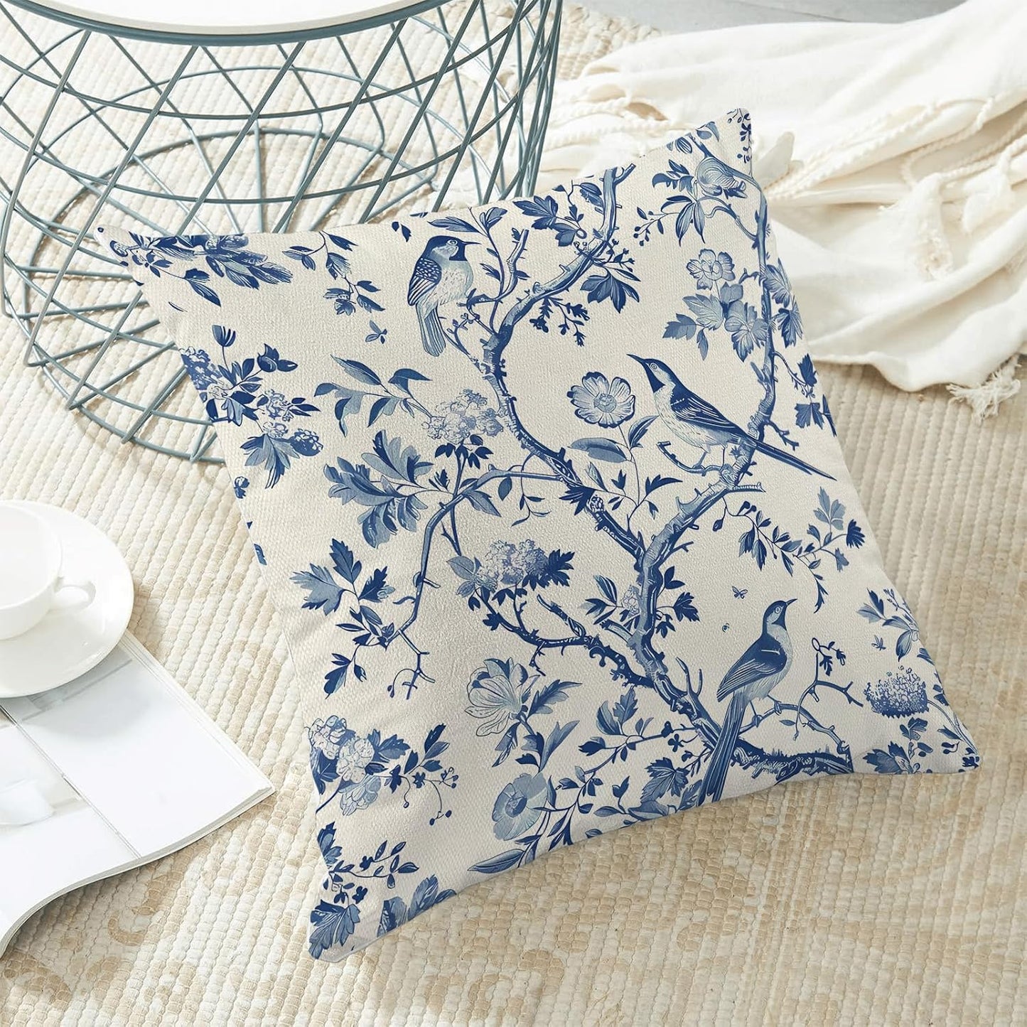 CXMEIFLY Spring Floral Pillow Covers 18 x 18 Inch Set of 2 for Navy Blue Chinoiserie Flowers Bird Decor Throw Pillows Vintage Plant Outdoor Decorative Cushion Cases for Couch Bed Decorations