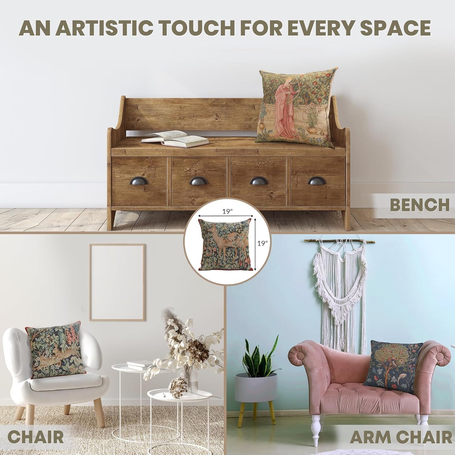 Charlotte Home Furnishings Decorative Tapestry Pillow Cover 19x19 in, Green Does Couch Throw Pillow Cover, French Country Square Cushion Cases for Living Room Home Decor, Soft Cotton Jacquard Woven