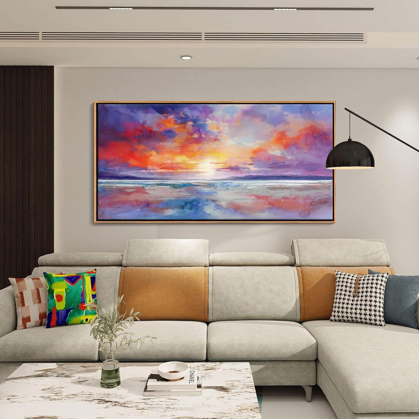 DUNHUANG ART Vibrant Ocean Sunset Canvas Wall Art - Beach Decor & Sunrise Poster - Red Scenery Poster for Living Room & Bathroom - 24"x48"