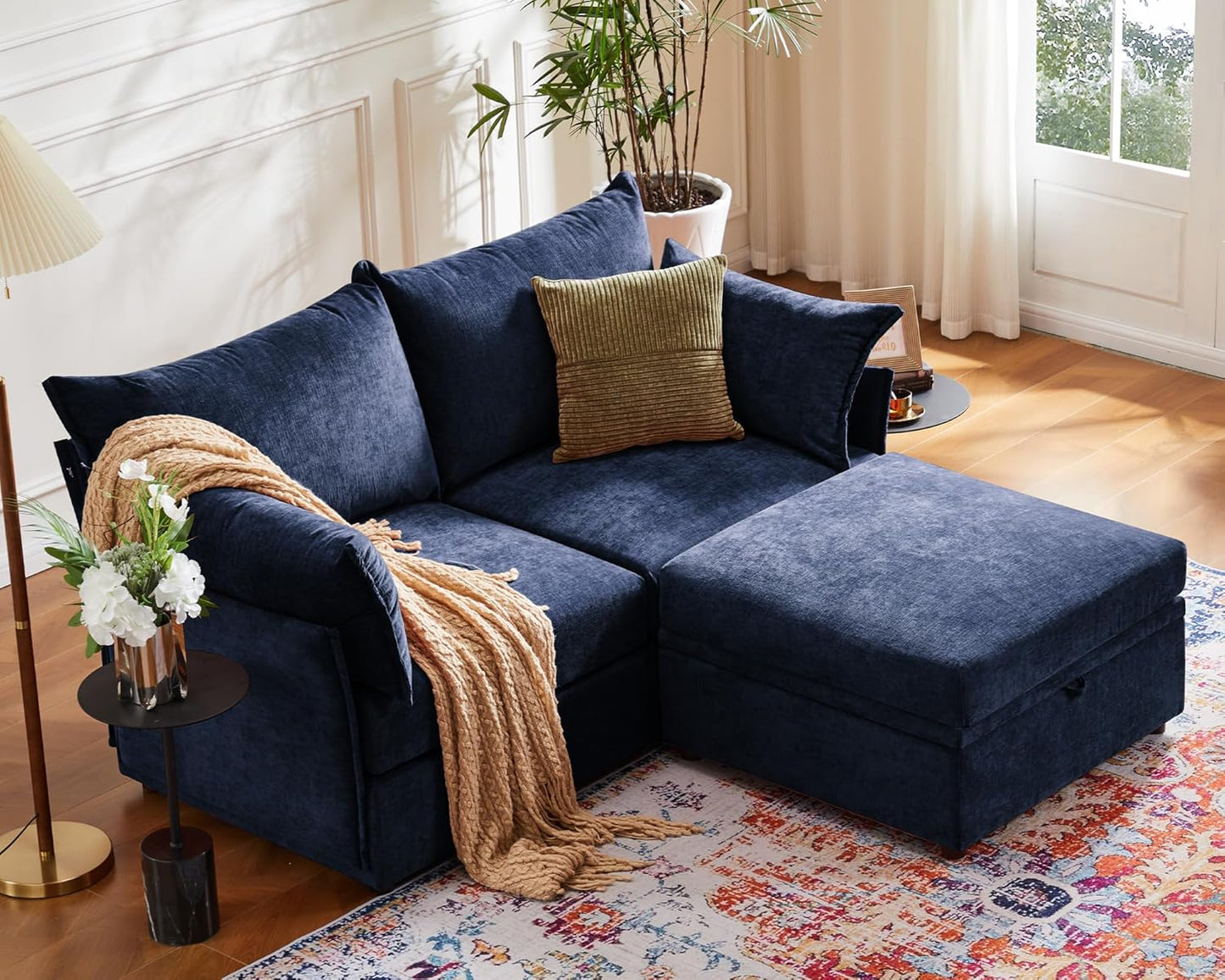 Oversized Loveseat Sofa, Modern Modular Sectional Couch Blue Fluffy Chenille Mid Century 2-Seat 24.5" Deep Seat for Apartment, Living Room, Bedroom
