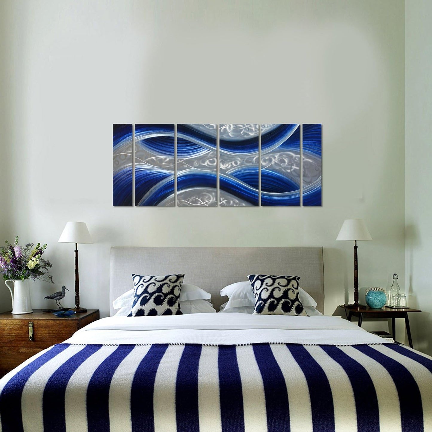 Handcrafted Abstract Metal Wall Art with Soft Color, Large Scale Decor in Huge Blue Line Design, 3D Artwork for Indoor Outdoor Wall Decorations, 6-Panels Metal Art Measure 24"x 65"