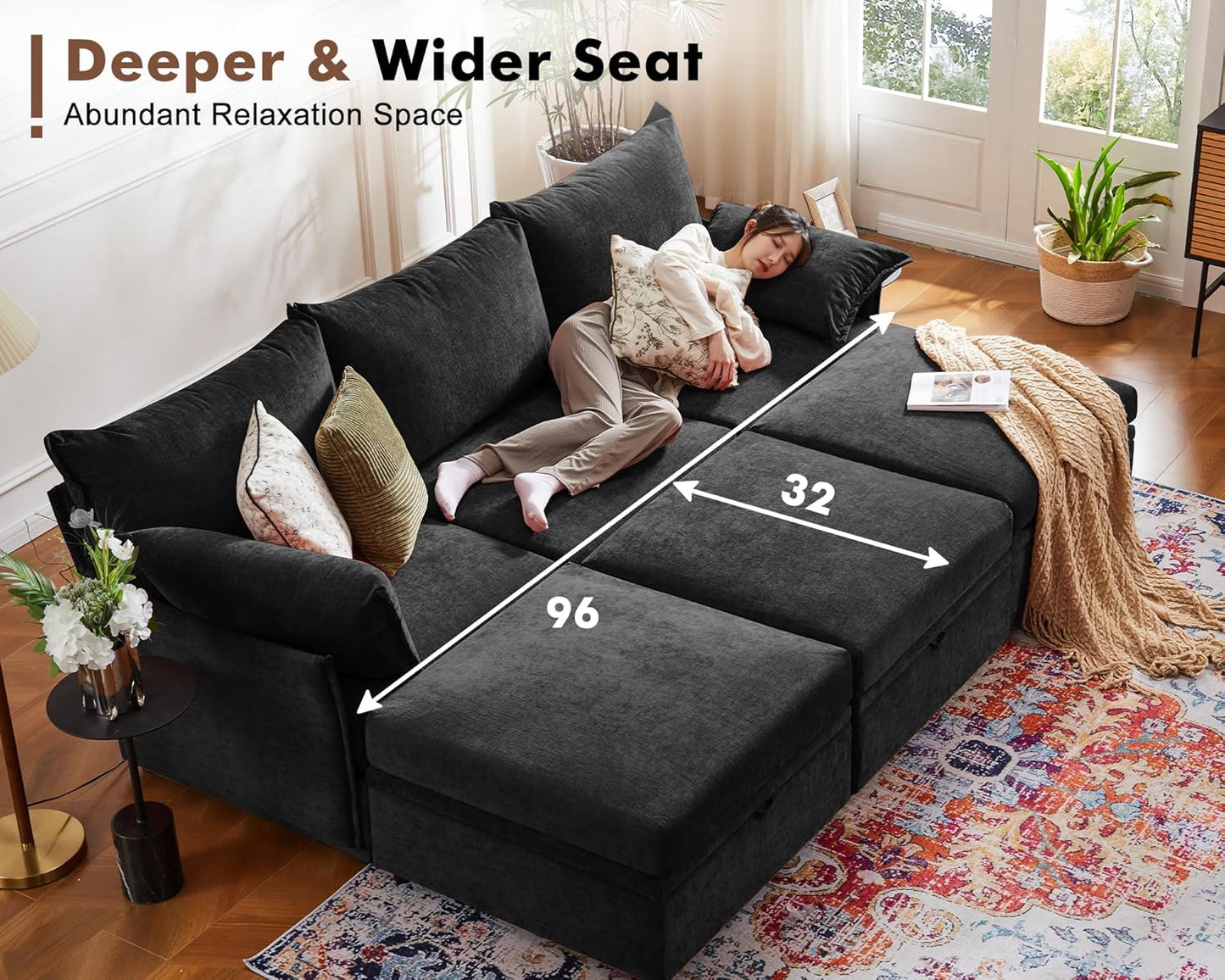 134.6" Modular Sectional Sofa, Oversized 4 Seater Couch with Removable Black Chenille Fabric Cover, Deep Seat & High Backrest for Living Room, Office & Apartment