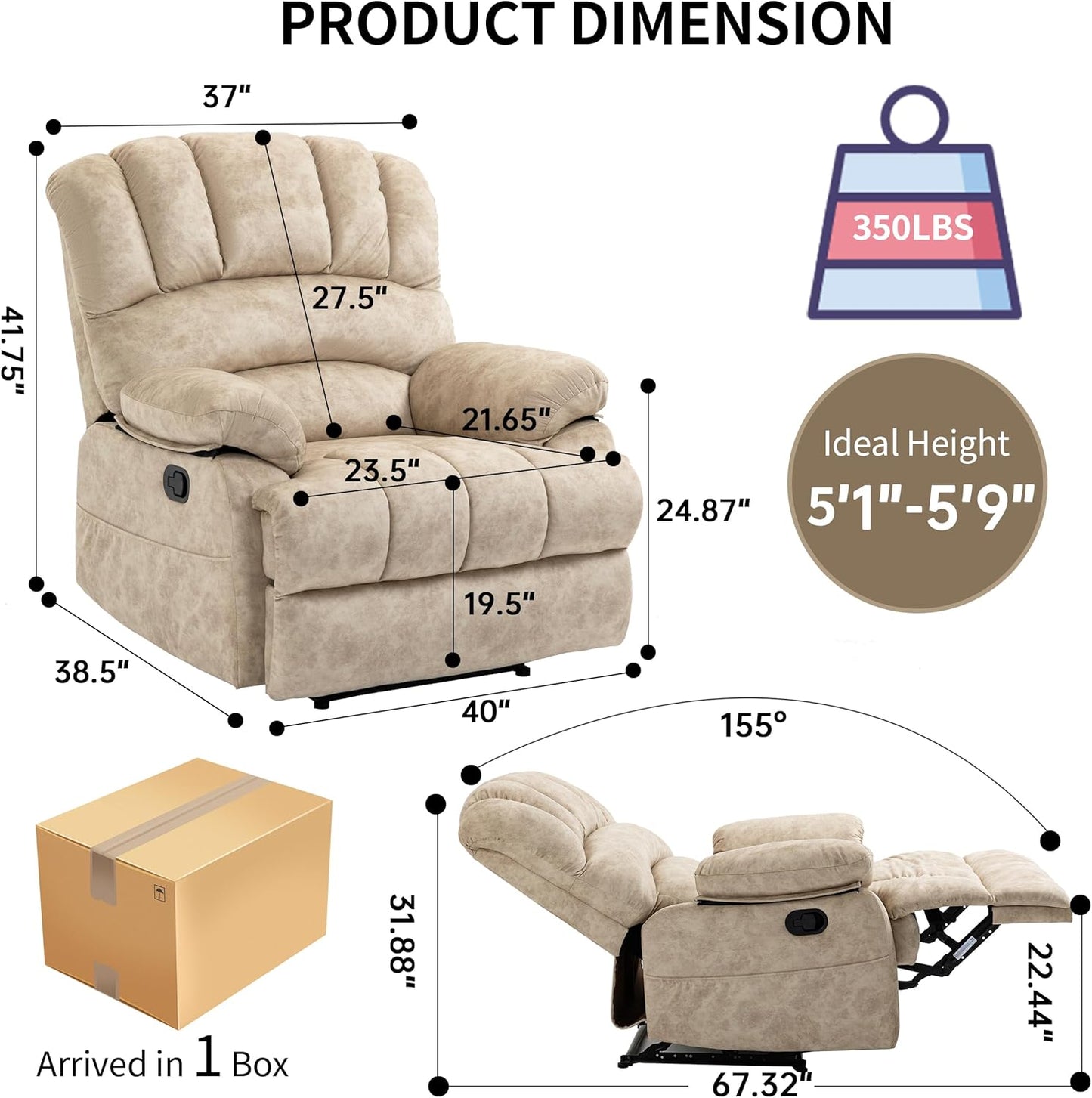 Luxlen Large Manual Recliner Chair,Soft Fabric Push Back Recliner with Overstuffed Armrest and Backrest, Living Room Single Sofa Recliners,Beige