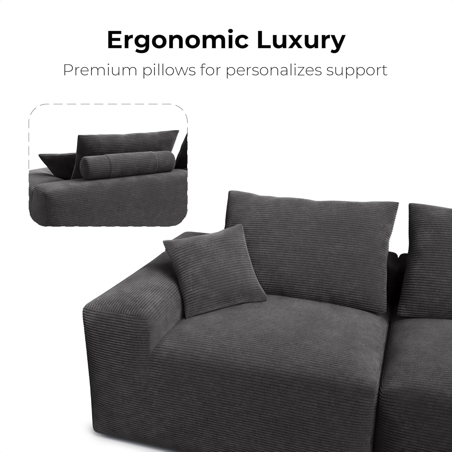 LIKIMIO 120" Modern L-Shaped Modular Sectional Sofa for Living Room, Corduroy Upholstery Dark Grey, Oversized 3-Seater Couch with Deep Seat and Movable Ottoman – No Assembly