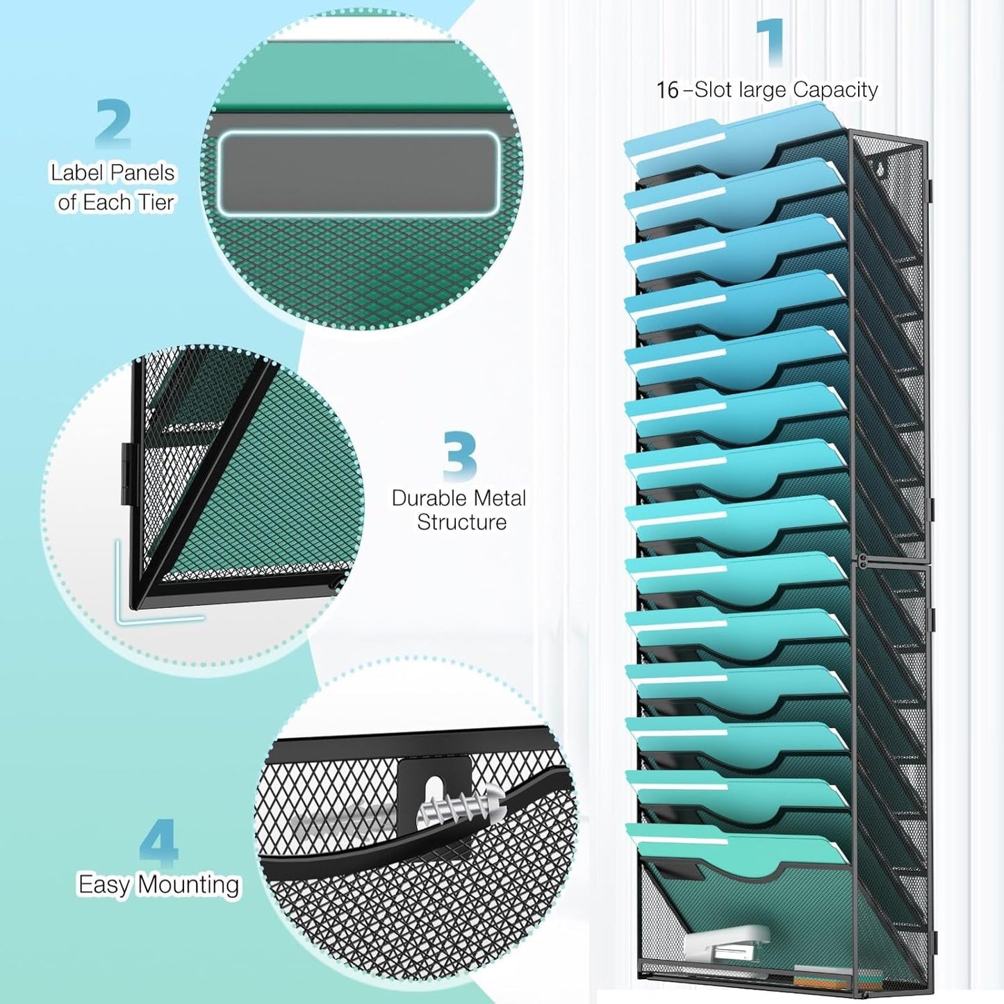 15-Tier Wall File Organizer Hanging Wall File Holder Wall Mount Paper Folder Organize, Mesh Magazine Document Mail Organizer Wall Organizer for Office School Home, Black