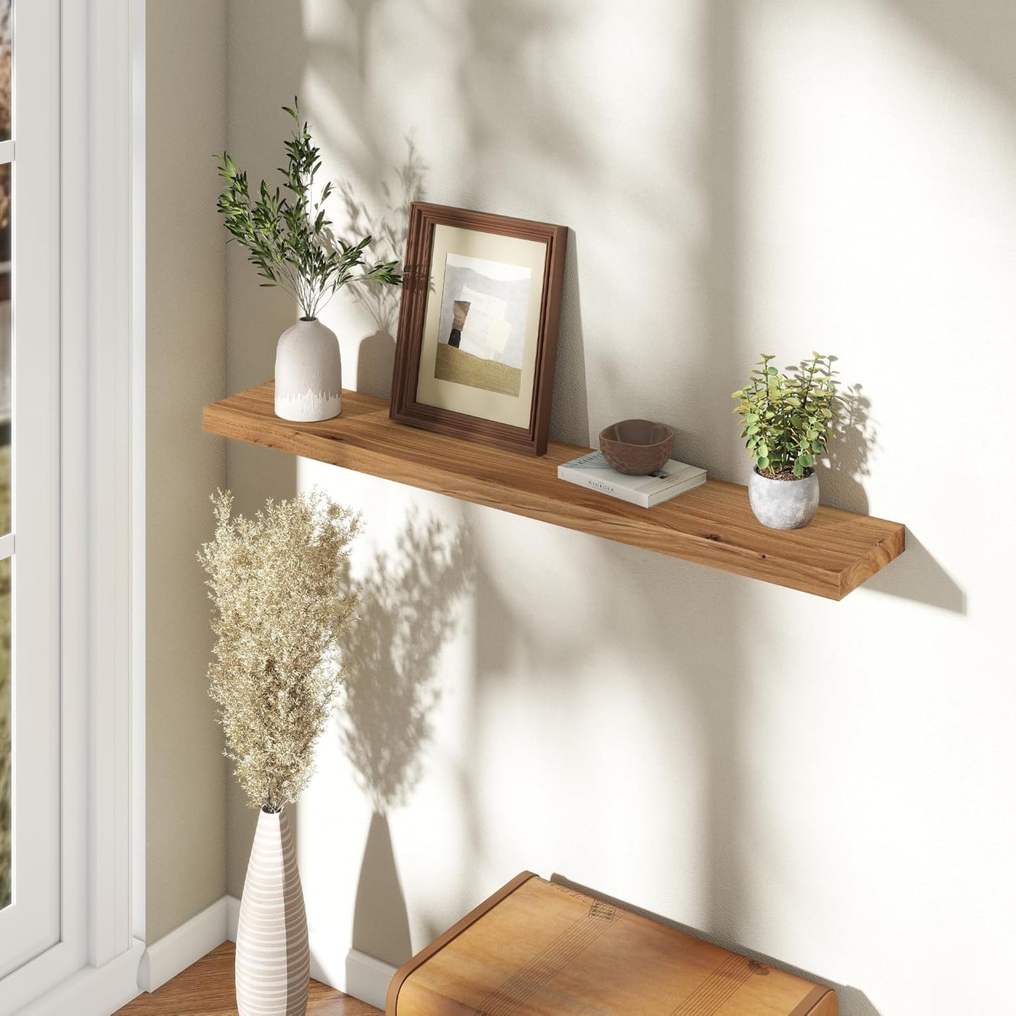 Fun Memories Rustic Elm Wood Floating Shelves for Wall, 48" Floating Shelf Wall Mounted, Long Floating Disply Shelf with Heavy-Duty Bracket for Living Room, Kitchen, Bathroom, Natural Color, Set of 1