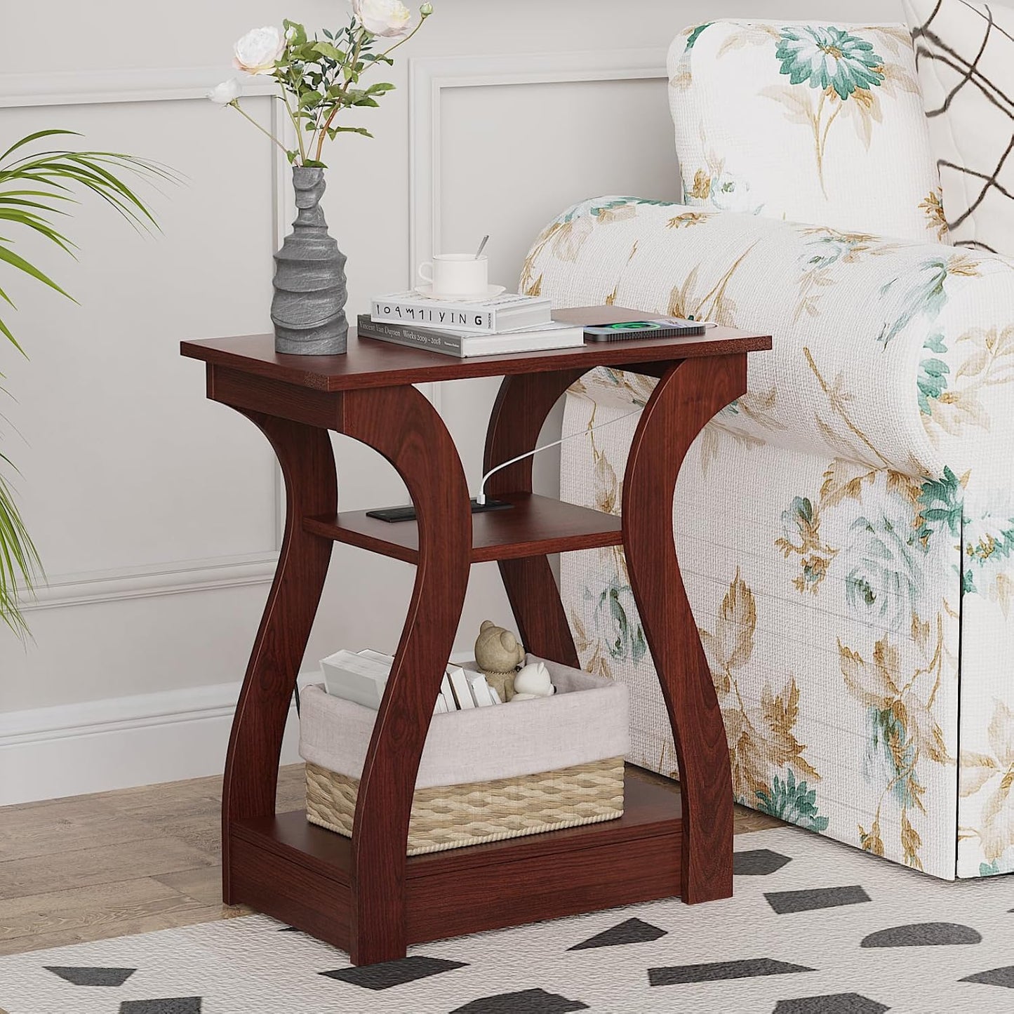 End Tables Living Room, Cherry End Table with Charging Station, Nightstand for Bedroom, 3 Tier End Table with Storage Shelf for Living Room(Cherry)