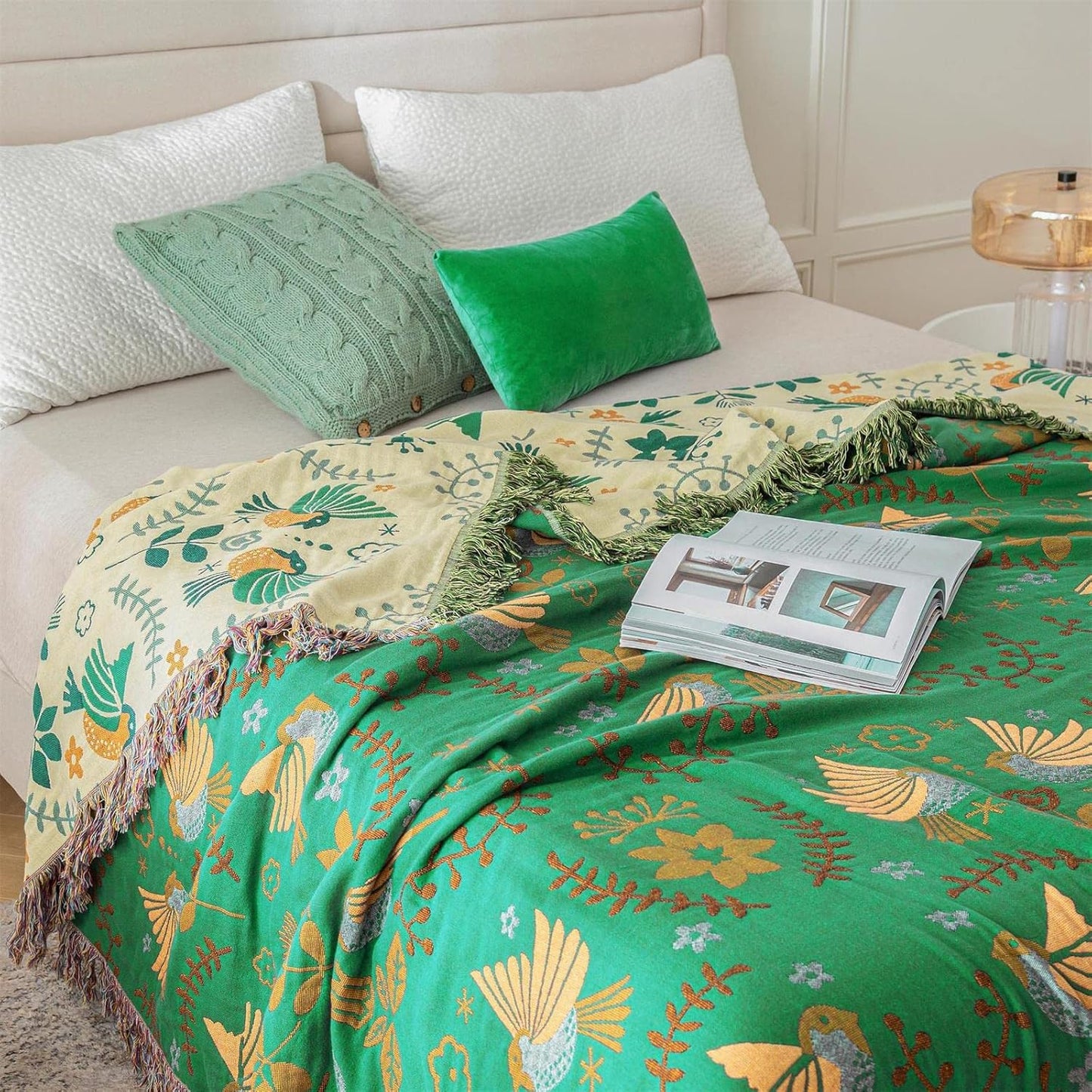 Green Summer Blanket 60''x 80'' Boho Throw Blankets for Couch Bed Chair,100% Cotton Quilts Christmas Warm Soft Blanket Muslin Bed Blankets Farmhouse Decoration