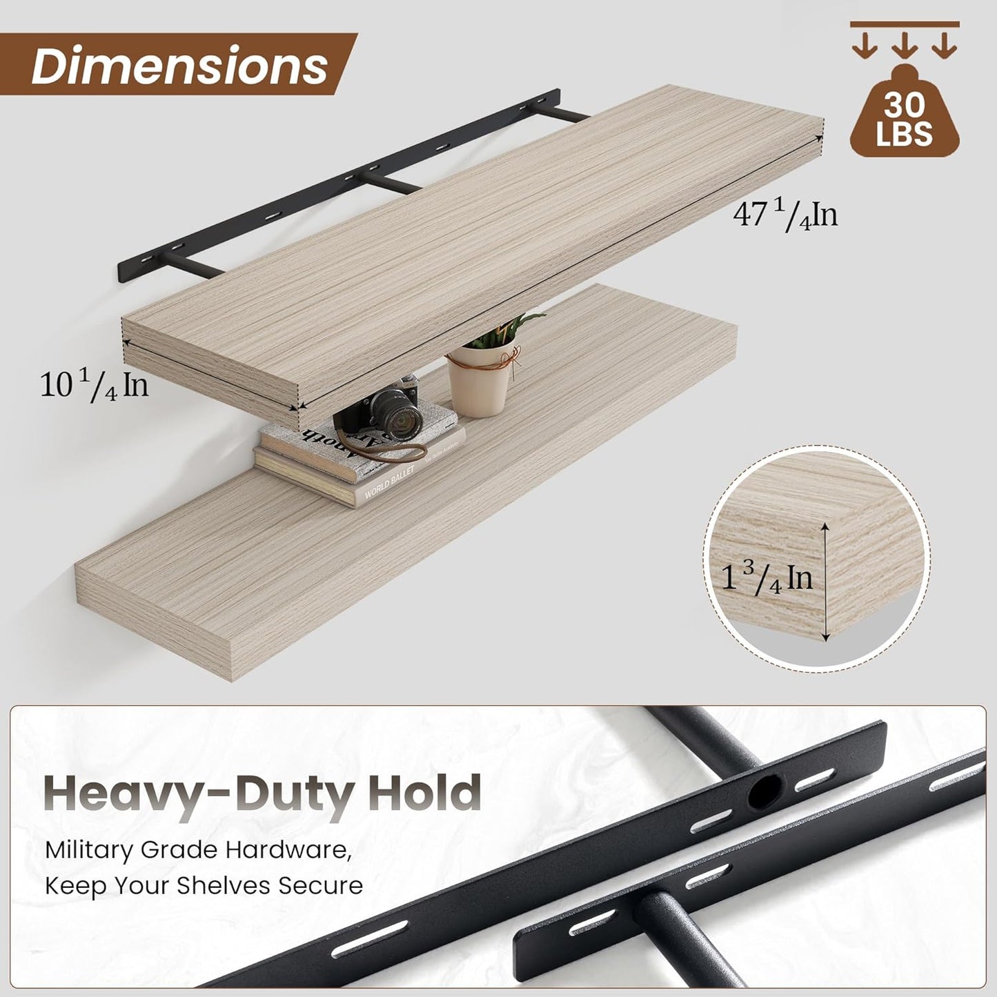 Heimlove 48" Floating Shelves for Wall,10 Grey Deep Rustic Wood Display & Storage Wall Shelves with Heavy Duty Brackets for Bathroom,Bedroom,Kitchen,Living Room,Office,Set of 2