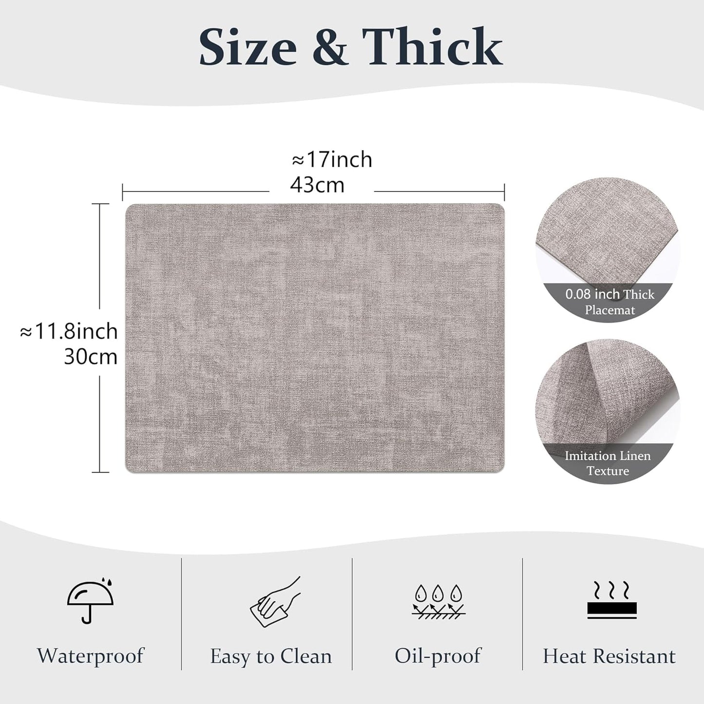 FROMHEART Faux Leather Placemats Set of 4–Waterproof,Heat/Oil Stain-Resistant PU Table Mat–Reversible,Non-Slip,Easy to Clean Place Mats for Kitchen,Dining,Indoor/Outdoor,(Light Grey,11.8" x 17")