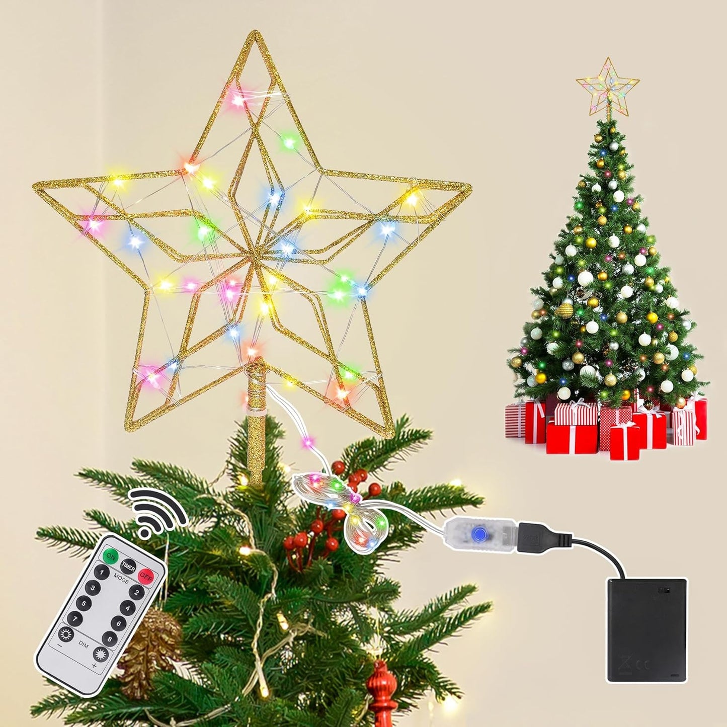 Christmas Tree Topper,50 LED Lighted Sparkling Star Tree Toppers Christmas Decorations,8 Lighting Modes Gold Star Xmas Decorations with Remote Control and Extra Battery Box,Glitter Christmas Ornament