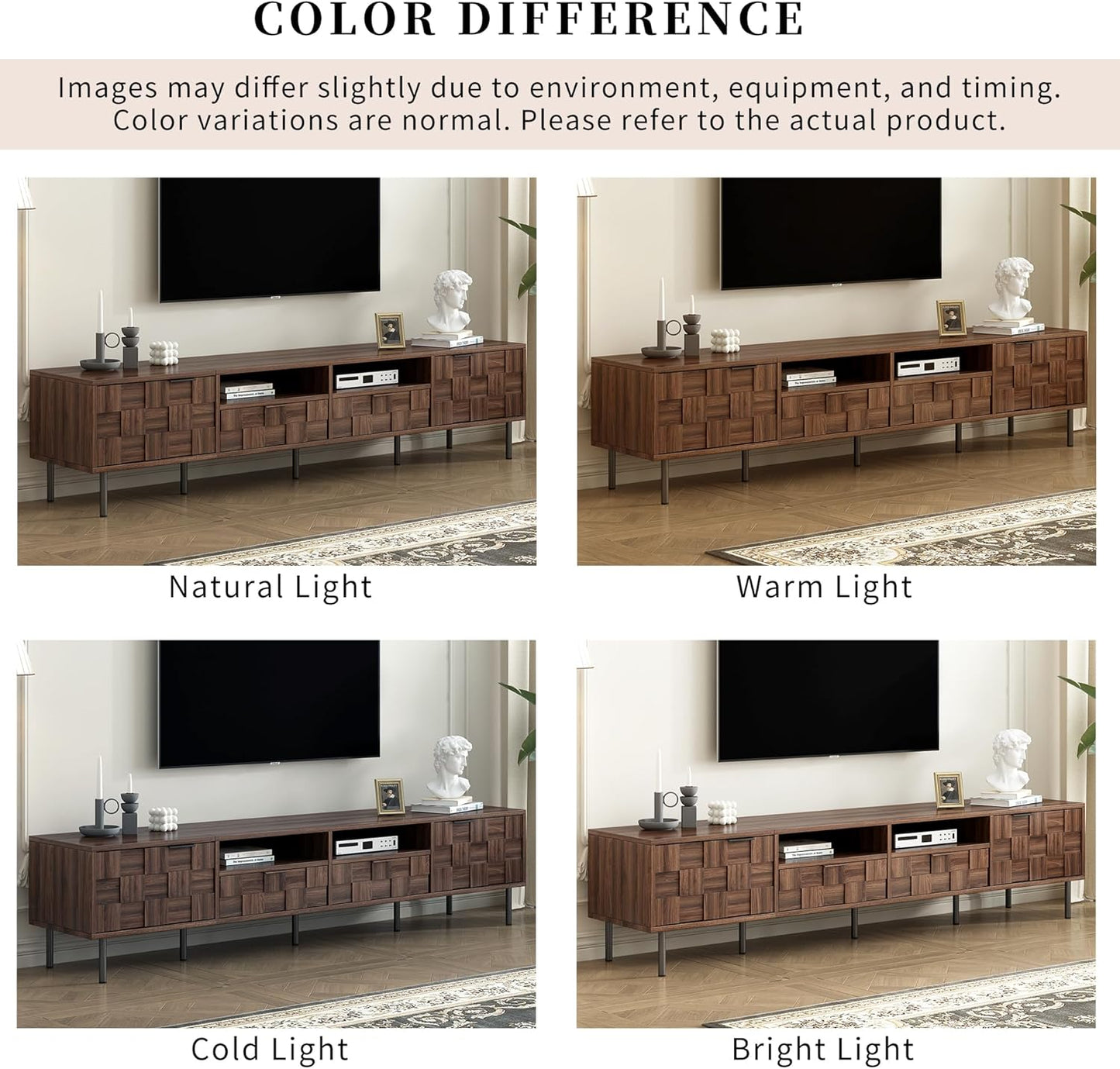 Modern TV Stand for TVs up to 85", Mid-Century Media Console with Checkered Cabinet Doors, Storage Drawers & Open Shelves, Wood Entertainment Center with Metal Legs