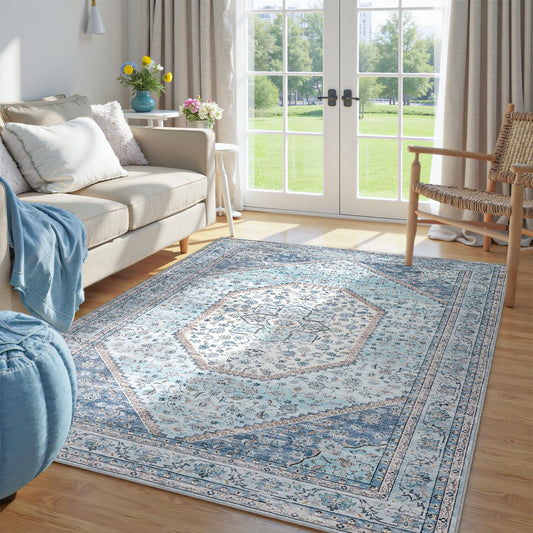 DCX Machine Washable Blue and Beige Area Rugs 5x7, Non Slip Stain Resistant Vintage Floral Rug for Living Room Bedroom Nursery, Soft Low Pile Large Carpet