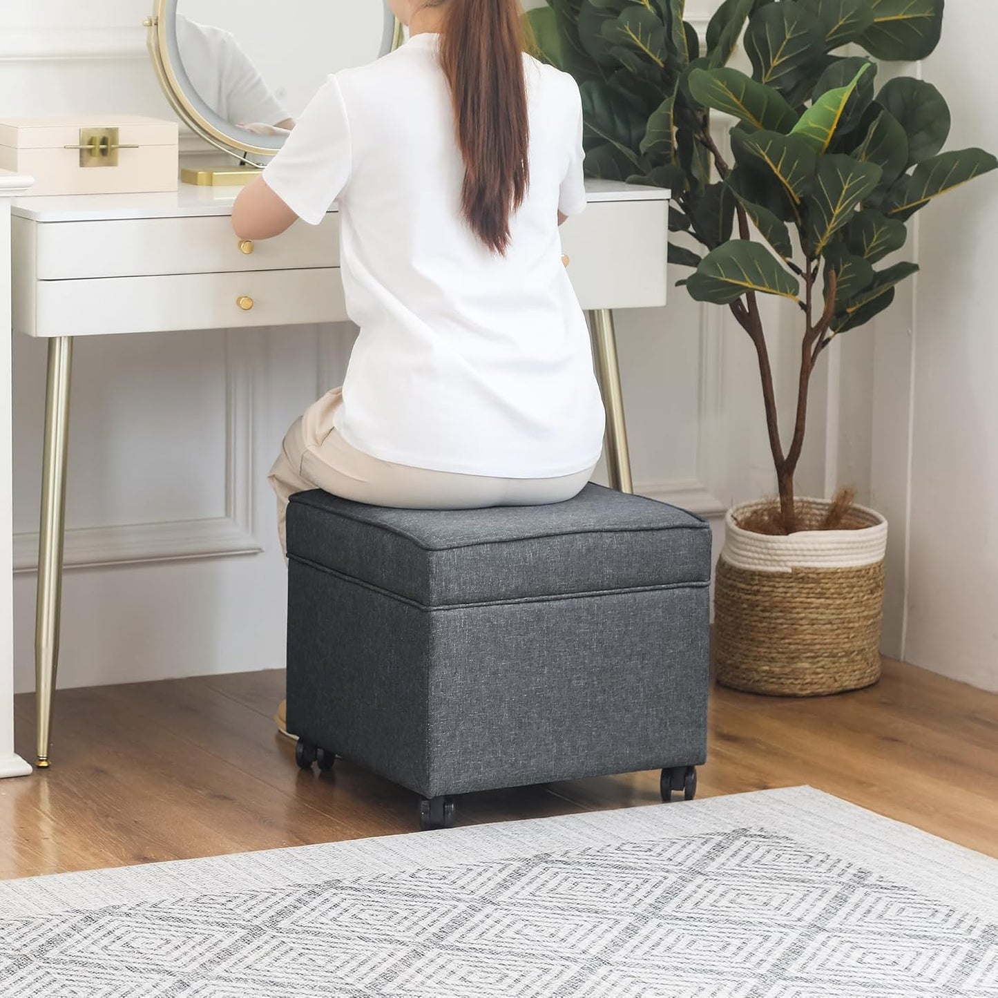 Adeco 17.5" Square Fabric Ottoman with Storage, Upholstered Cotton Linen Foot Rest, Flip Top Footstool, Small Cube Coffee Table Extra Seat for Living Room, Bedroom, Grey with Rolling Legs