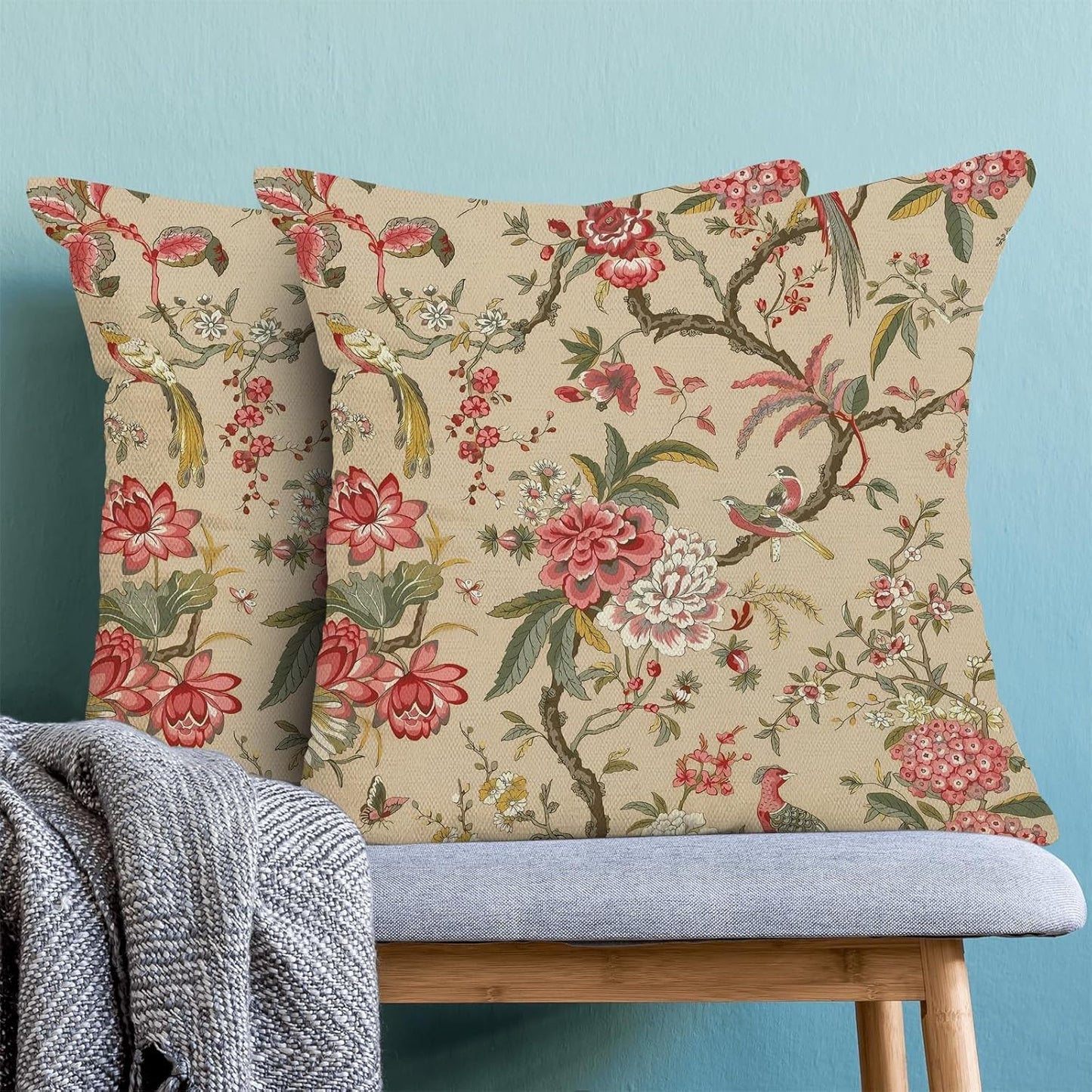 CXMEIFLY Spring Floral Birds Pillow Covers 16 x 16 Inch Set of 2 for Chinoiserie Flowers Decor Throw Pillows Pink Red Plant Outdoor Decorative Cushion Cases for Couch Bed Decorations