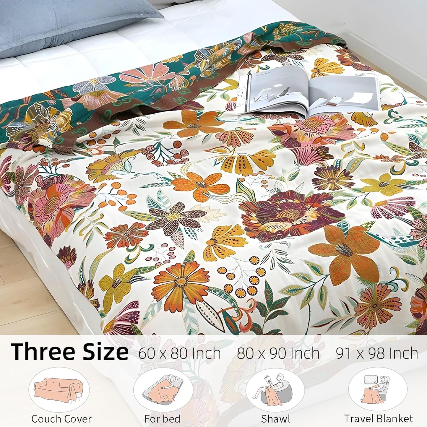Boho Throw Blanket for Bed - 100% Pure Cotton Ultra Soft Rustic Quilt - Farmhouse Decor Bed Blankets, All Season Rustic Throw for Sofa Couch Chair(60"×80", Floral Blossom)
