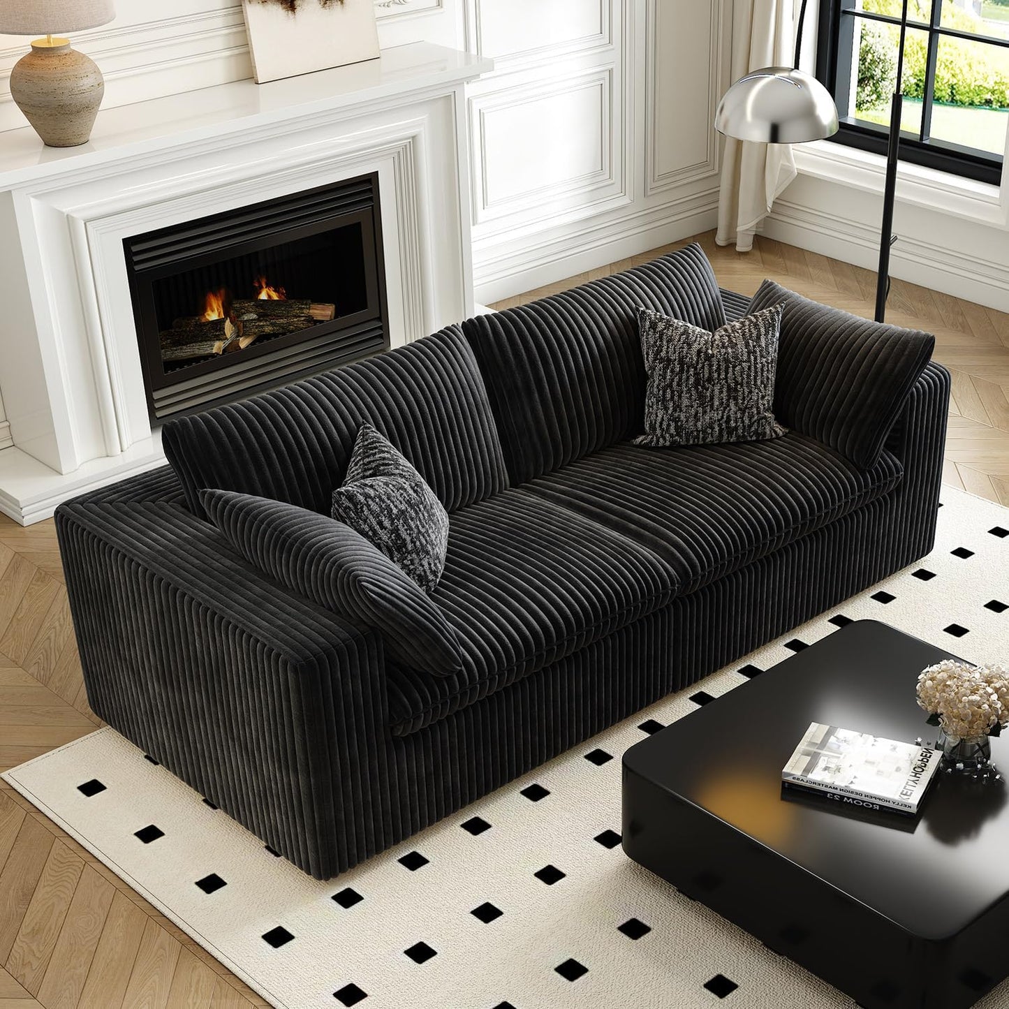 LoveSeat Cloud Couch Modular Sectional Sofa for Living Room,Modern Sofa with Deep Seat，2 Seater Boneless Couch,Comfy Upholstered Corduroy Couches for Apartment, Studio, Office,Bedroom，Black