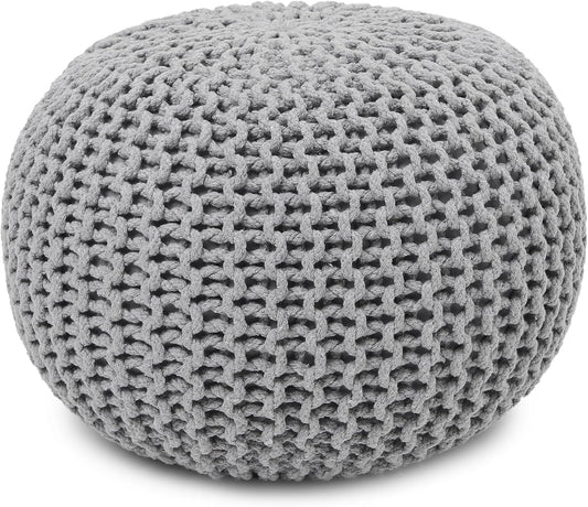 REDEARTH Round Boho Pouf Ottoman - Cable Knitted Cord Boho Pouffe - Stuffed Poof Accent Beanbag Footrest for Living Room - Nursery - Bedroom - Covered Patio - Study Nook (18”x18”x14”) - Gray-S