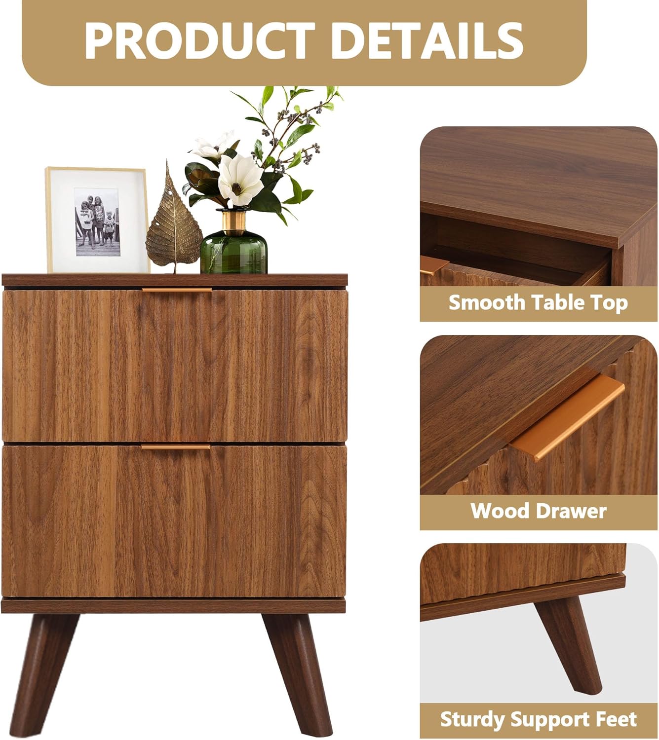 Fluted Nightstand Set of 2, Mid Century Modern 2 Drawer Dresser for Bedroom, Small Dresser Night Stand Side Table End Table with Wood Fluted Drawer Storage for Bedroom Closet(Walnut)