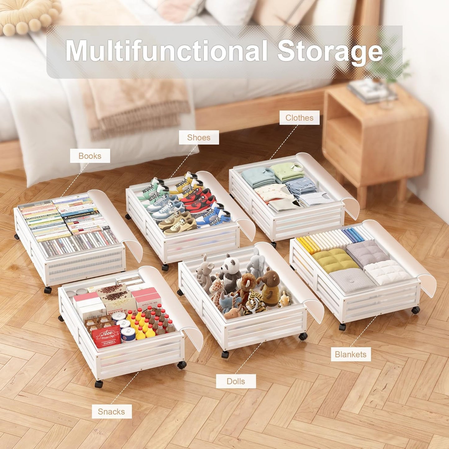 Under Bed Storage Containers With Wheels - 2 Pcs Bamboo Wood Rolling Underbed Shoe Storage Bins With Dust Bags for Clothes Blankets, Duvet Covers Snacks Toys (White)