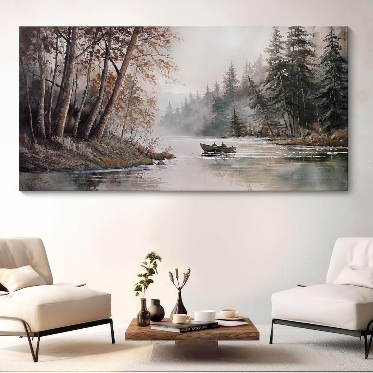 HGUAOA Mountain Canvas Wall Art Rustic Lake Landscape - Nature & Forest Scenery Paintings Pictures for Living Room & Bedroom Wall Decor Vintage Artwork for Walls
