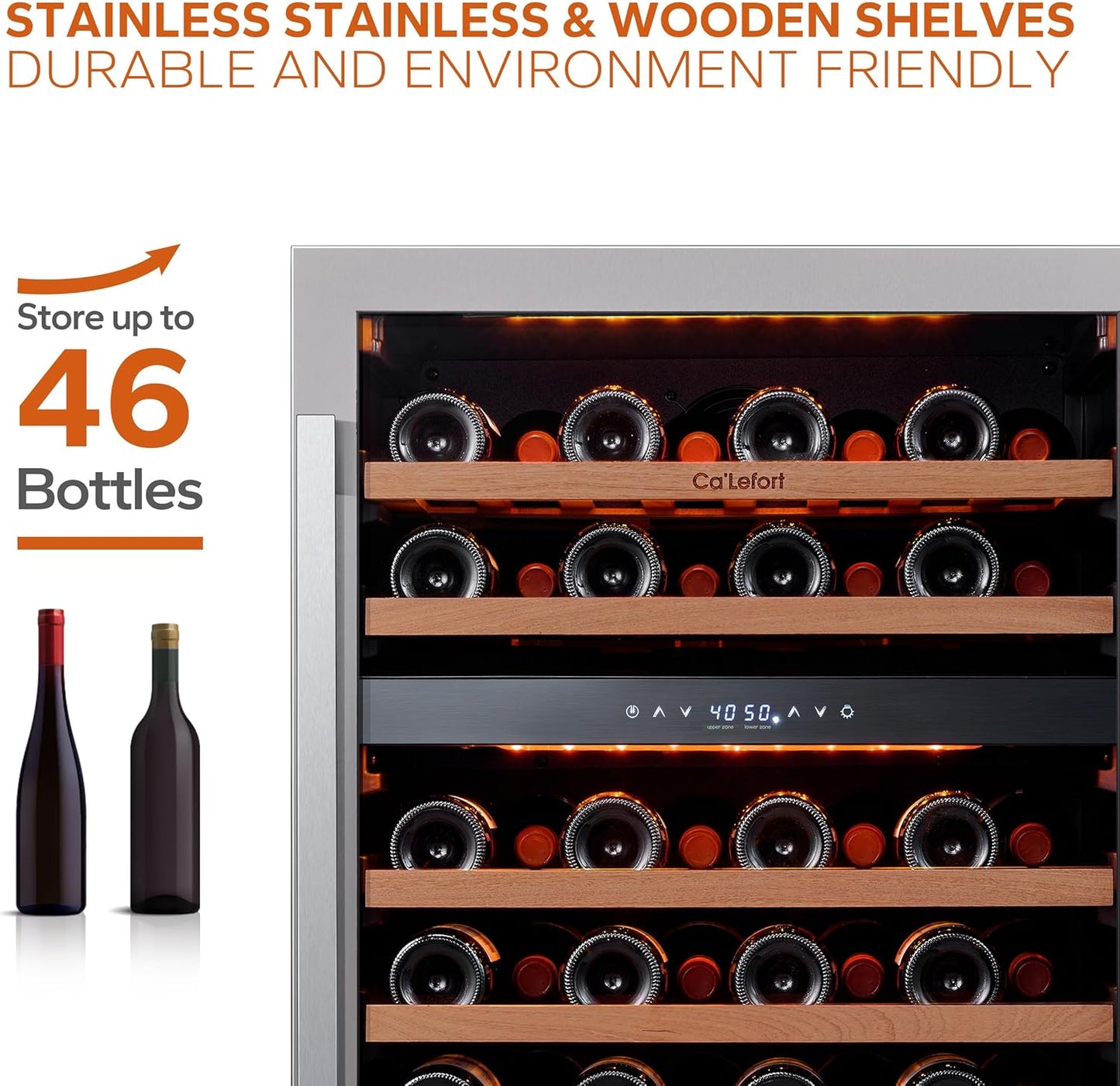 Ca'Lefort Wine Fridge & Cooler - 24 Inch 46 Bottle Wine Cooler Refrigerator, 40-65°F Dual Zone Wine Refrigerator Glass Door, 3 LED Built-in or Freestanding Fridge for Home/Bar/Kitchen (5.65 cu.ft)