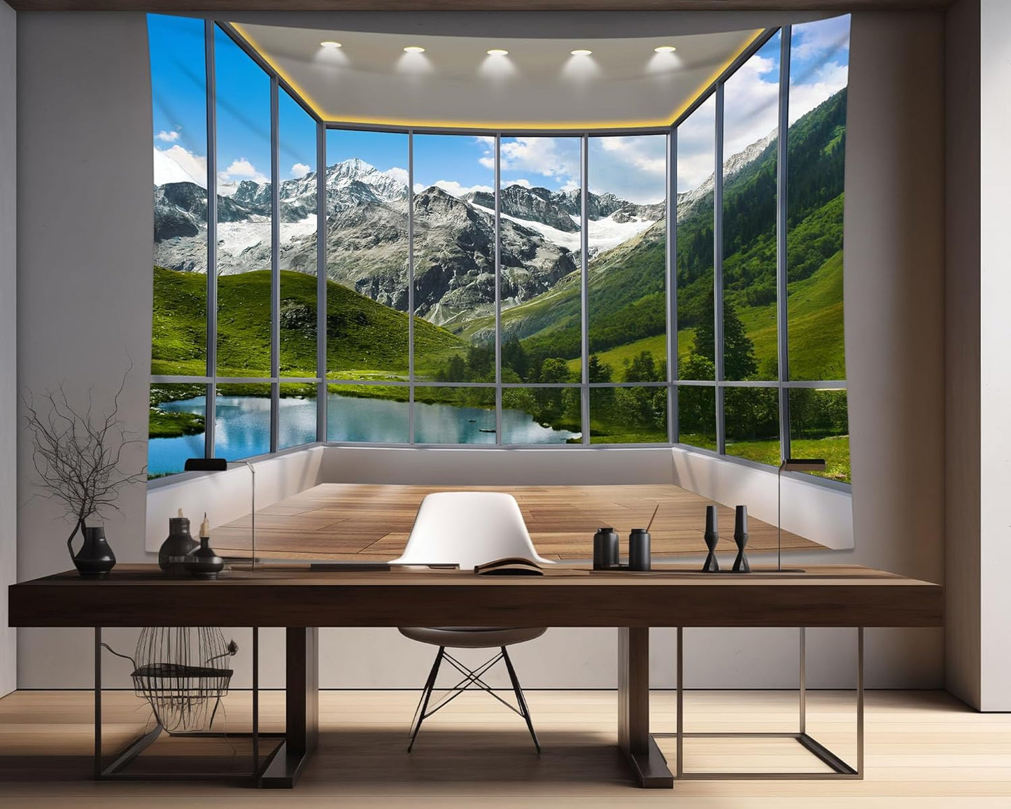 dueeia Window Tapestry Wall Hanging Mountain Forest Lake Nature Landscape Wall Tapestries for Bedroom Office Living Room Wall Decor (59.1"x39.4")