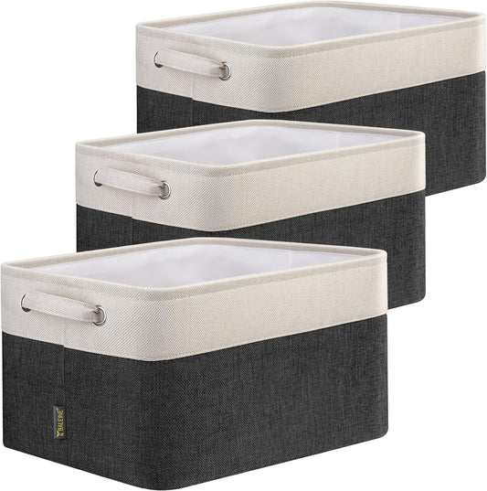 BALEINE 3 Pack Fabric Storage Bins for Shelves, Linen Storage Baskets for Organizing, Decorative Closet Bins for Clothes, Home (Black, 12"x8"x8")