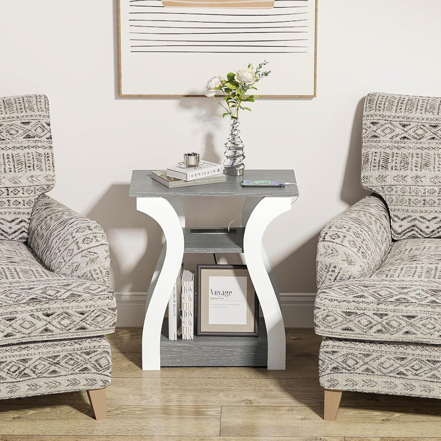 End Tables Living Room, Grey End Table with Charging Station, Grey Side Table, Nightstand for Bedroom, 3 Tier End Table with Storage Shelf for Living Room