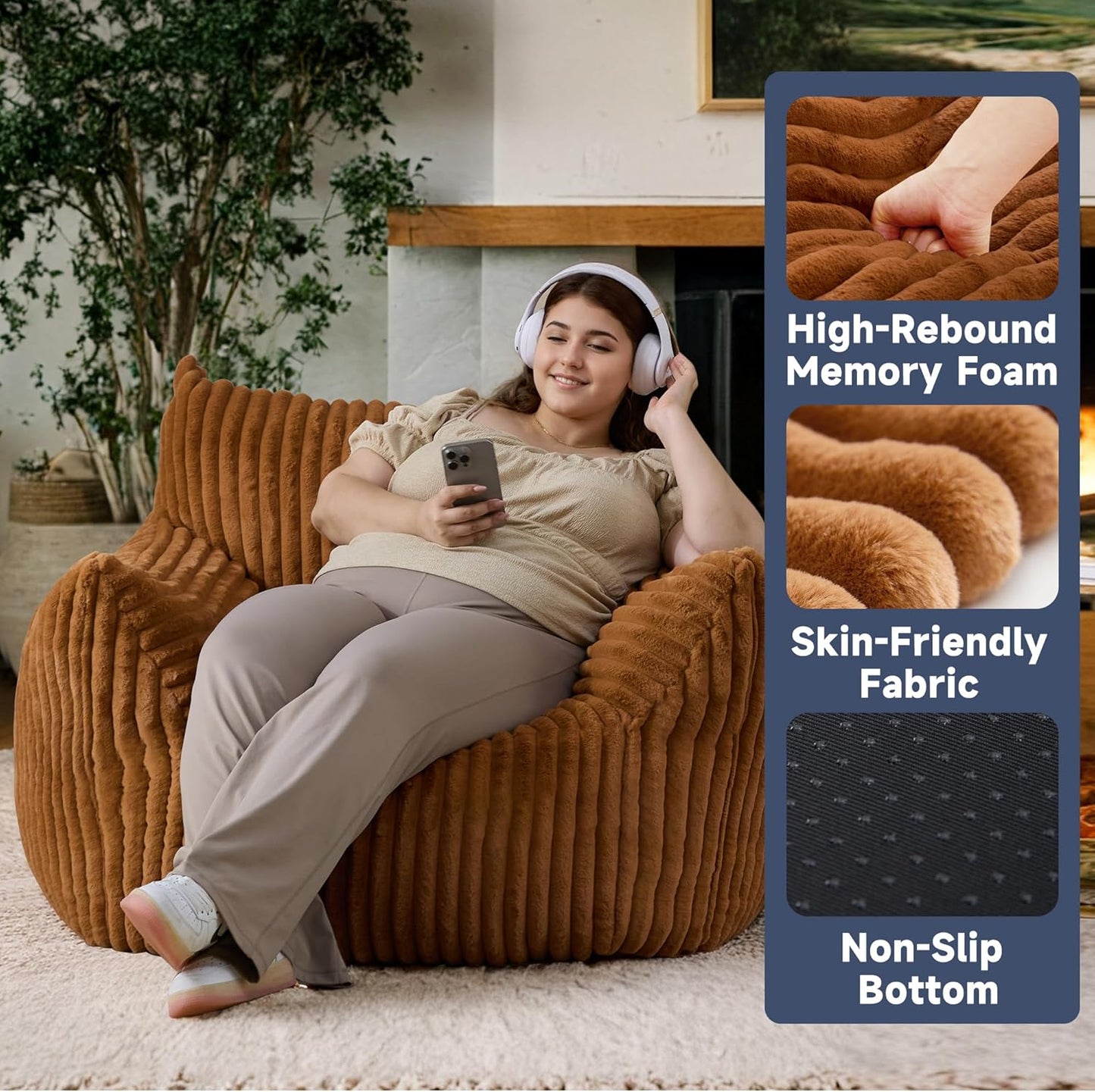 Oversized Bean Bag Chair for Adults, Giant Comfy Plush Boneless Bean Bag Couch with Filler for Kids - Reading Chair for Living Room, Bedroom & Dorm, Single Accent Chair Floor Lounger, Orange