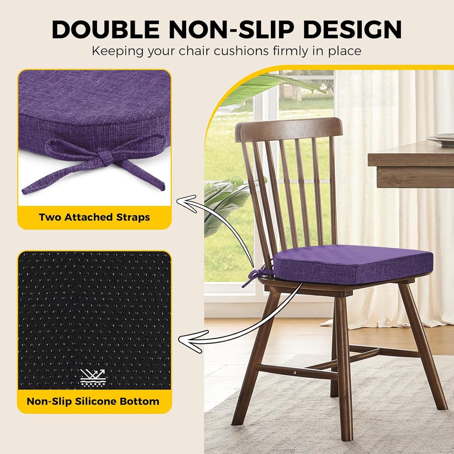 downluxe Indoor Chair Cushions for Dining Chairs, Soft and Comfortable Textured Foam Kitchen Chair Pads with Ties and Non-Slip Backing, 16" x 16" x 2", Purple, 4 Pack