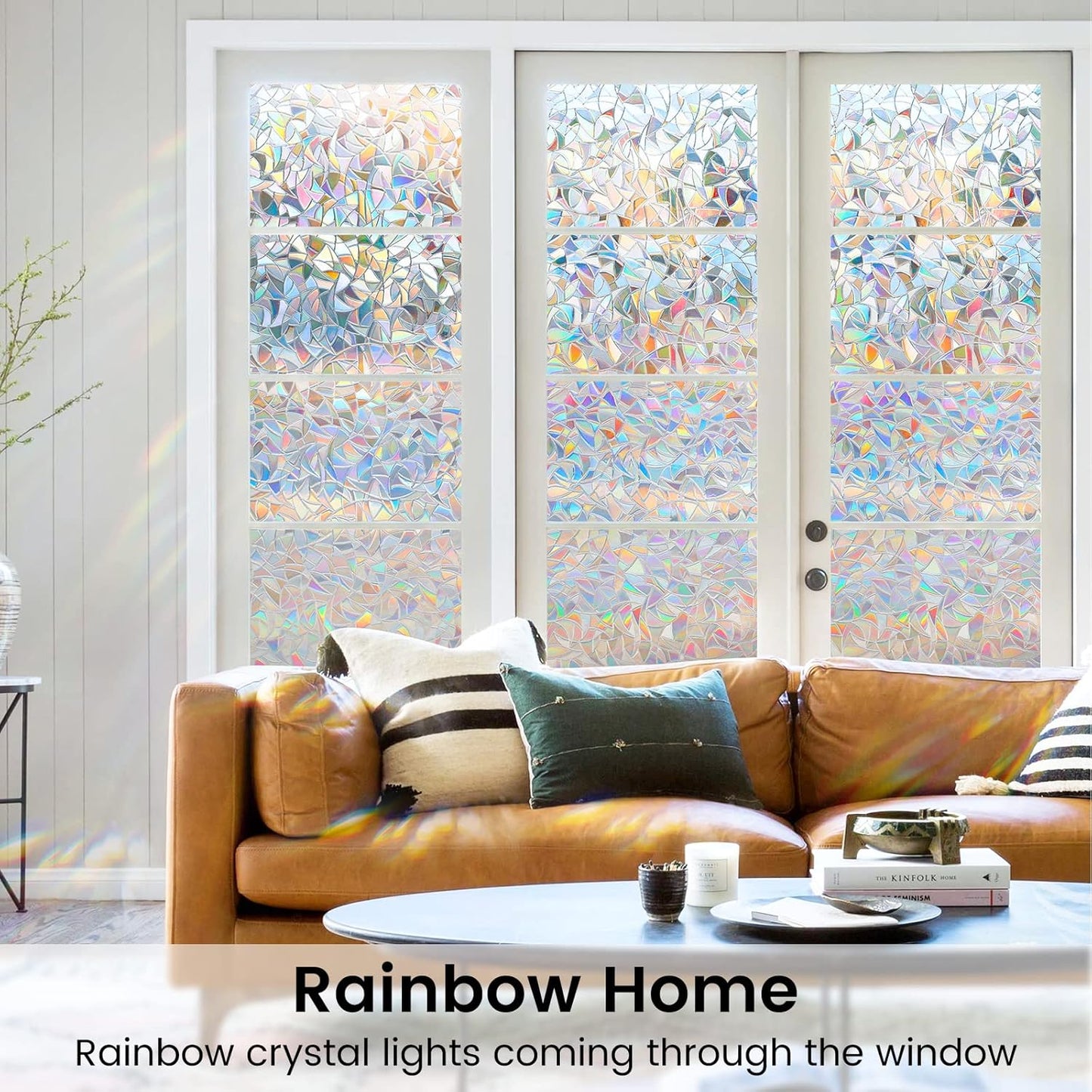 DOWELL Window Privacy Film, Rainbow Window Film, Decorative Stained Glass Clings, Static Cling Door Sticker, Non-Adhesive 3D Decals for Home UV Protection, 23.6 x 78.7 inches