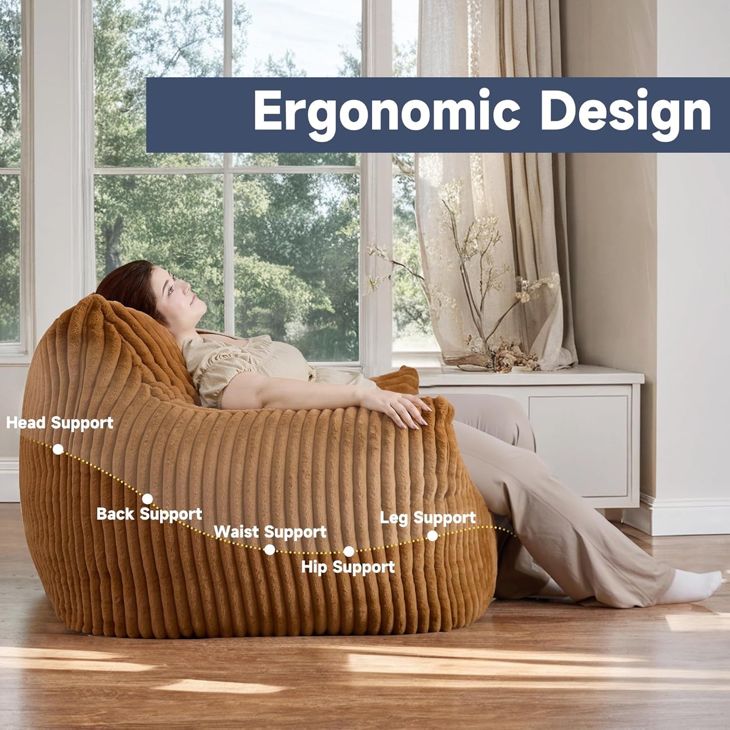 Oversized Bean Bag Chair for Adults, Giant Comfy Plush Boneless Bean Bag Couch with Filler for Kids - Reading Chair for Living Room, Bedroom & Dorm, Single Accent Chair Floor Lounger, Orange