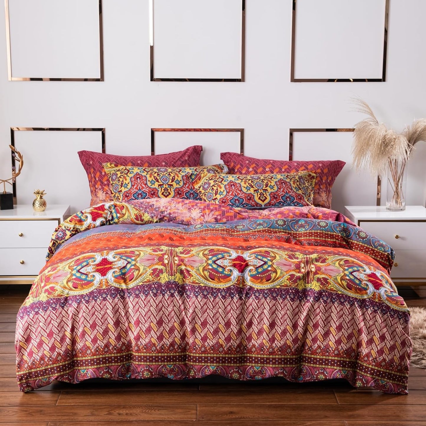 ABREEZE Bohemian Duvet Cover Set Colorful Orange Boho Retro Bedding Set Damask Paisley Cotton Duvet Cover Tribal Reversible Bedding Exotic Style Comforter Cover 3-Piece Twin