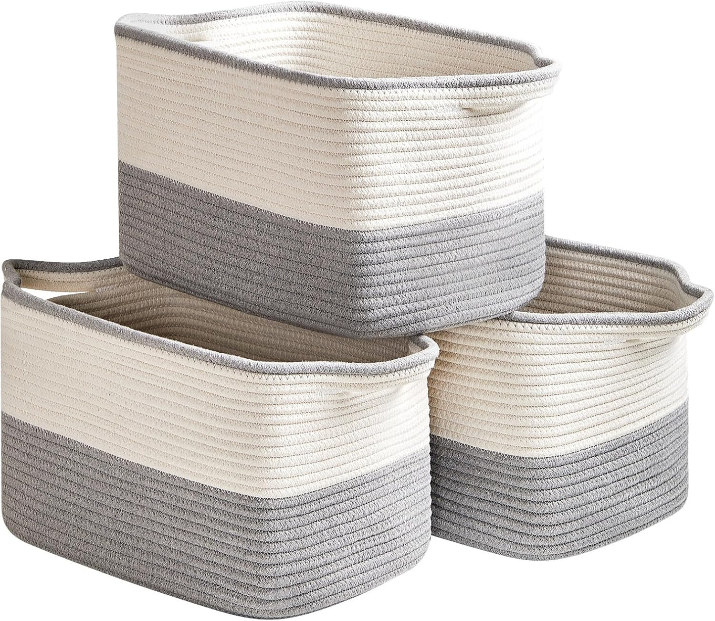 Cotton Rope Storage Basket Set of 3 (15"x10.2"x9.1") - Rectangle Storage Bins - Versatile Toy Storage Organizer - Perfect for Kids, Dog Toys, Books, Shelves - White & Grey