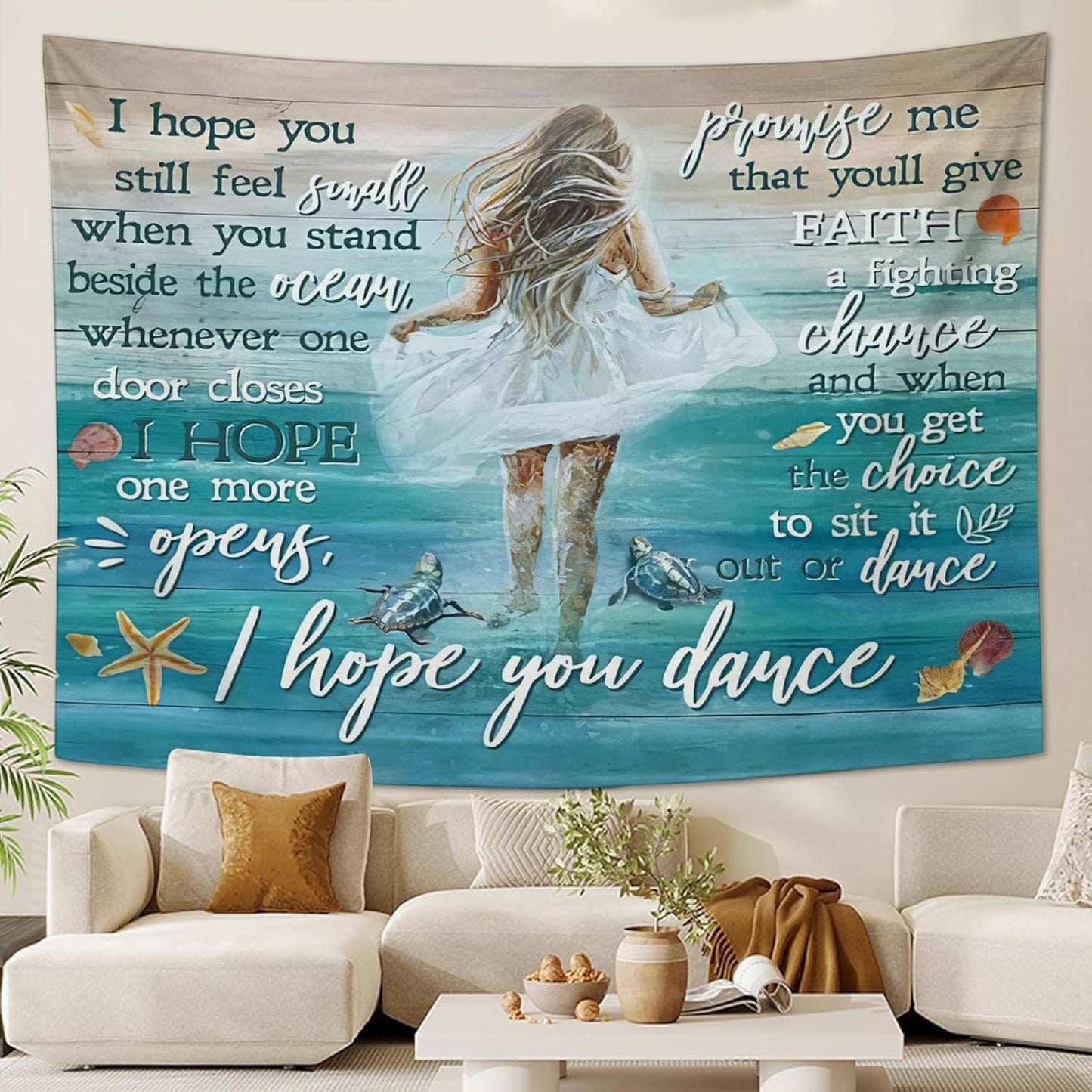 Coastal Beach Tapestry I Hope You Dance Tapestry Wall Hanging for Bedroom Sea Turtle Tapestries Aesthetic Wall Decor for Home Dorm Living Room 50"x60"