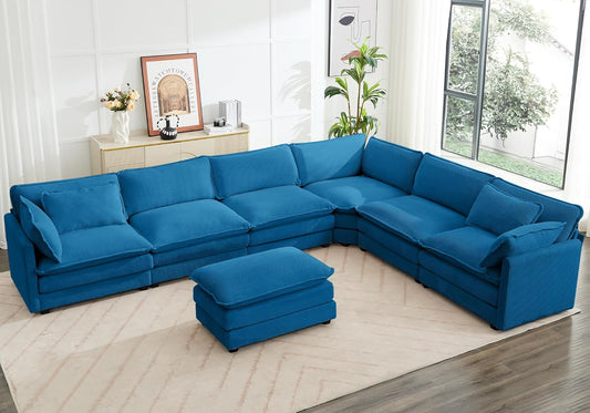 ROWHY 150'' Cloud Modular Sectional Sofa, 7 Seater Sectional Sofa Corduroy Oversized L Shaped Couch with 4 Pillows, Movable Ottoman, Deep Seat Sectional Couches for Living Room Office Bedroom, Blue