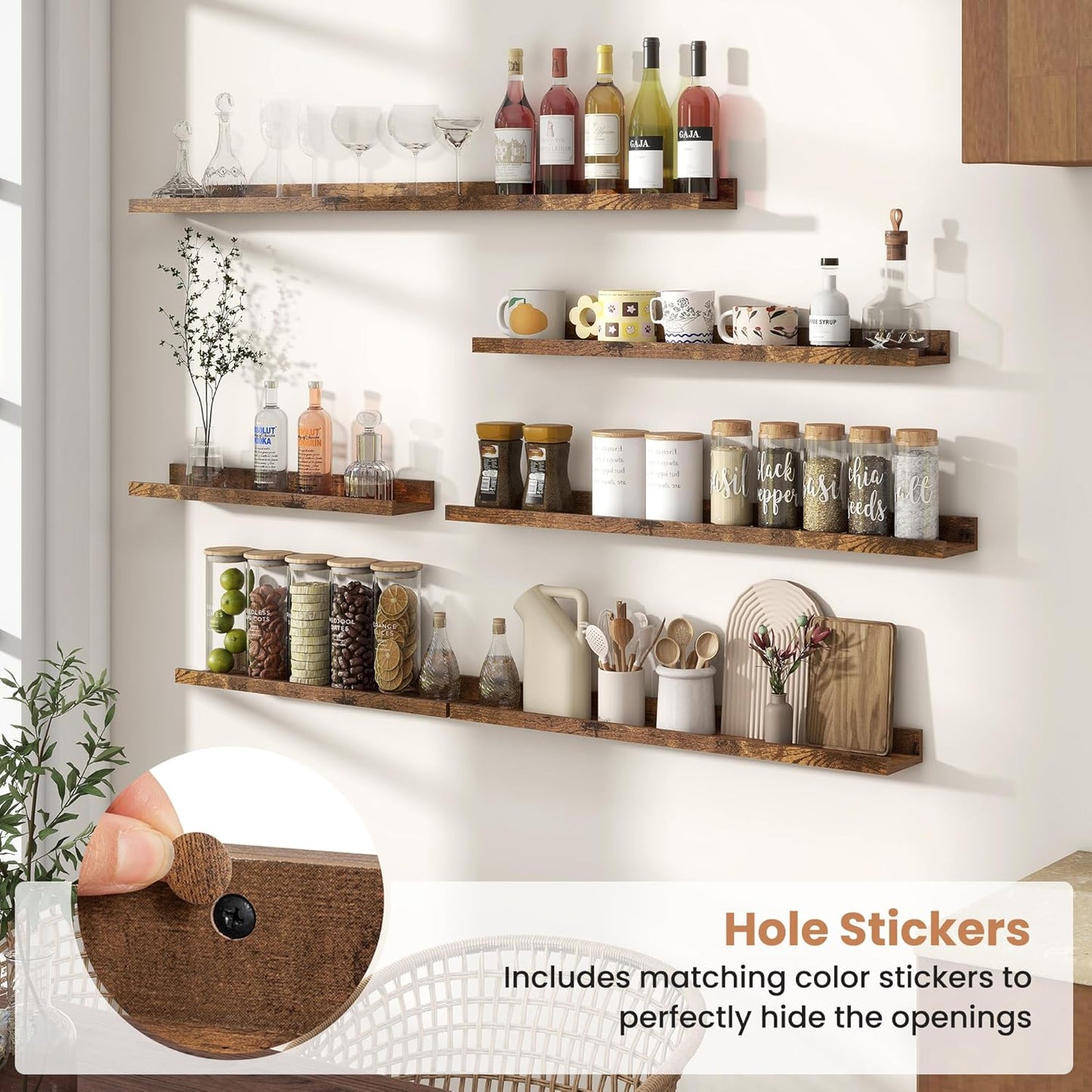 Fun Memories Picture Ledge Shelves Set of 2, 48 Inch Rustic Wall Mounted Floating Shelves with Lip for Home Storage and Décor in Bathroom, Kitchen, Nursery, Bedroom, Living Room, Brown