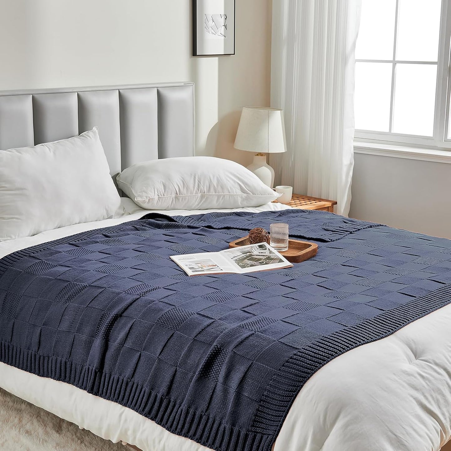 CozeCube Check Knit Throw Blanket, Steel Blue Checkered Throw for Couch, Decorative Christmas Soft Cozy Warm Knitted Blanket for Bed Sofa Living Room, 50"X60"