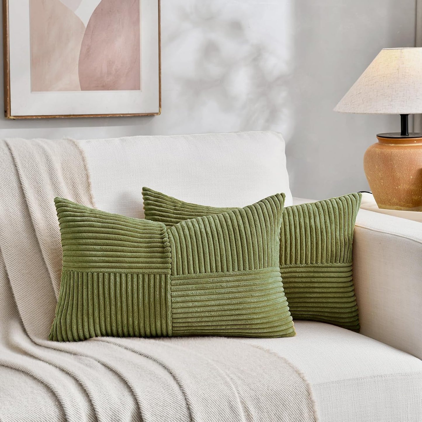 Fancy Homi 2 Packs Moss Green Long Lumbar Decorative Throw Pillow Covers 12x24 Inch for Couch Bed Sofa, Rustic Farmhouse Boho Home Decor, Soft Striped Corduroy Rectangle Accent Cushion Case 30x60 cm