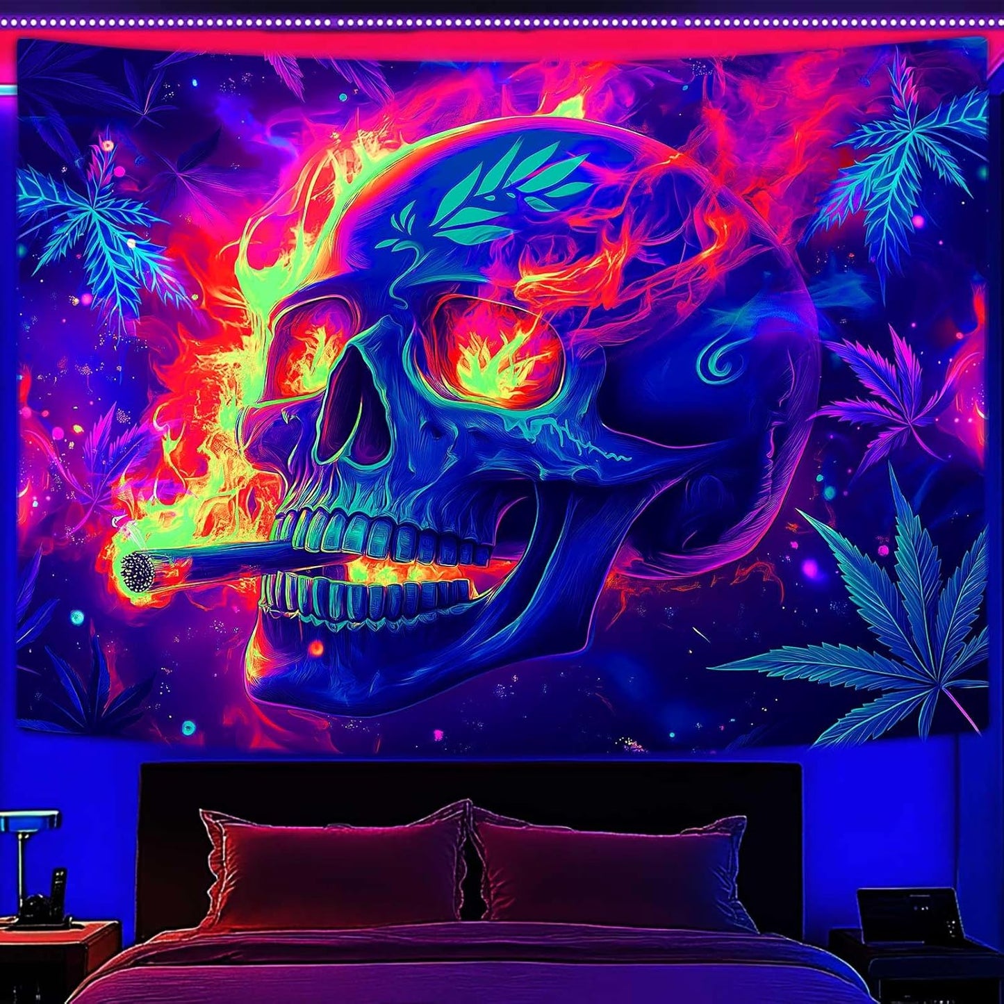 Blacklight Skeleton Tapestry, Glowing Skull UV Reactive Gothic Wall Hanging Tapestries, Glow in the Dark Grim Reaper Magic Horror Face Halloween Poster Tapestry for Bedroom Living Room Decor 80X60IN