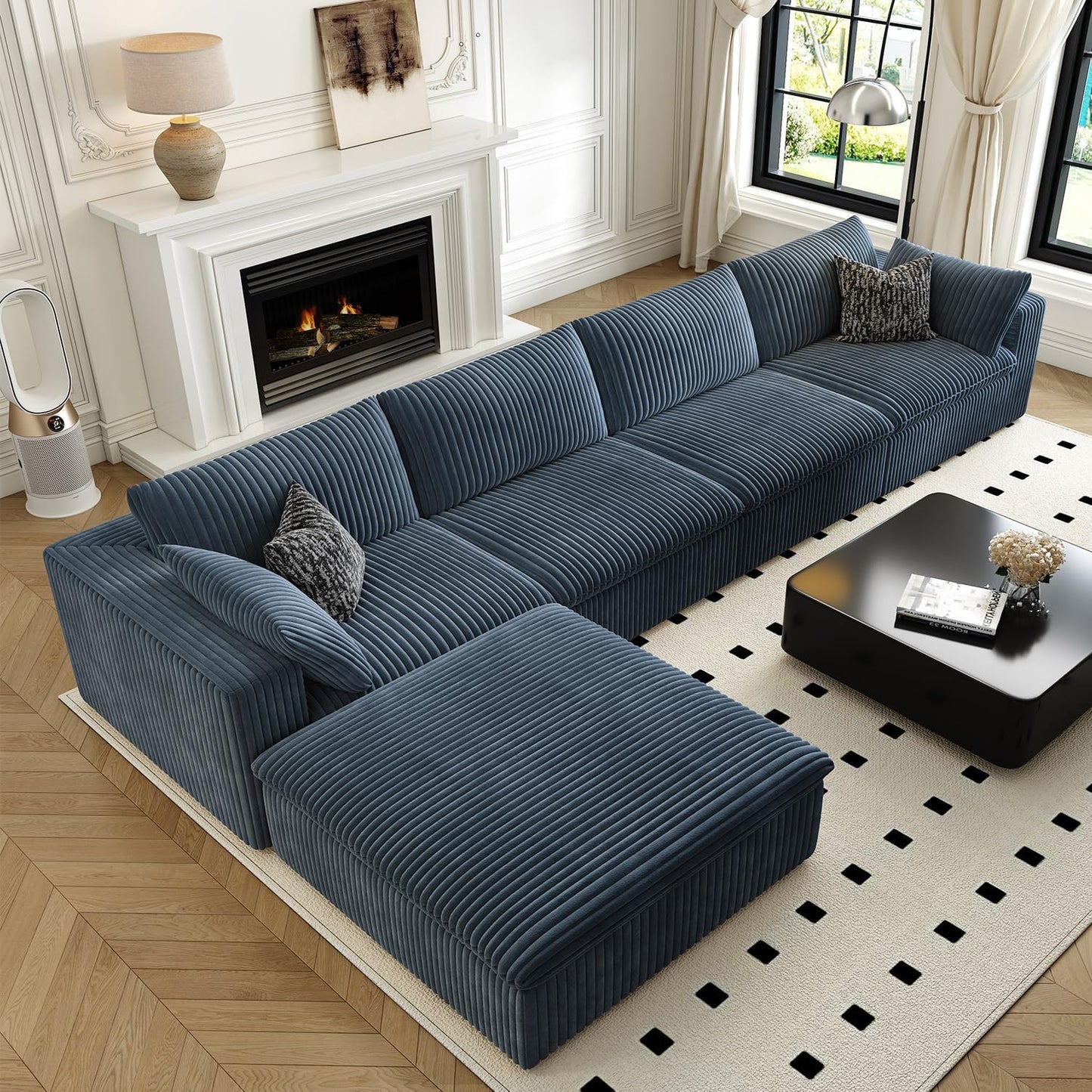 157.5" Cloud Couch Modular Sectional Sofa for Living Room,Modern Sofa with Deep Seat，L-Shape Boneless Couch with Ottoman,Comfy Upholstered Corduroy Couches for Apartment, Studio, Office,Bedroom，Blue