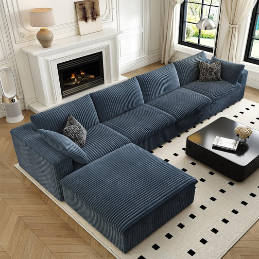 157.5" Cloud Couch Modular Sectional Sofa for Living Room,Modern Sofa with Deep Seat，L-Shape Boneless Couch with Ottoman,Comfy Upholstered Corduroy Couches for Apartment, Studio, Office,Bedroom，Blue