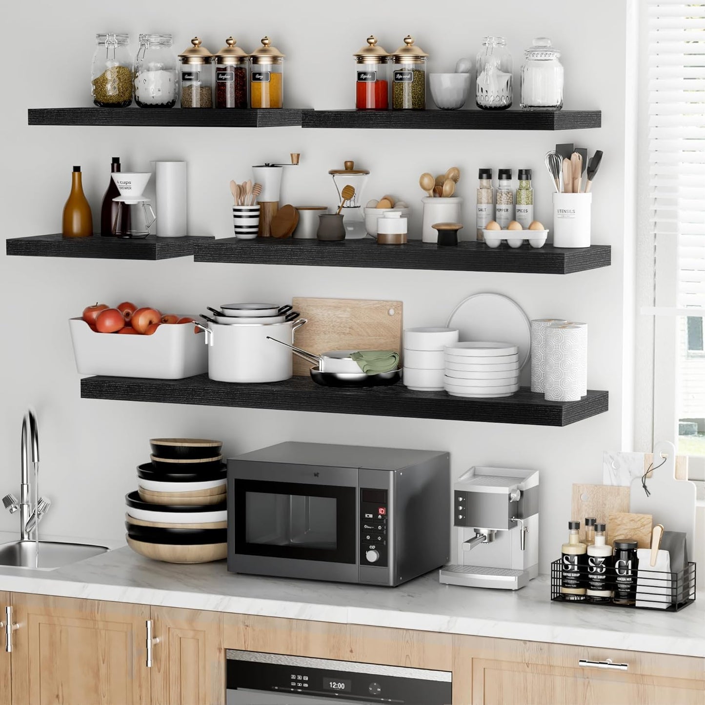 Fun Memories Floating Shelves - 2 Pack 12 Inch Rustic Wooden Wall Shelves - Extra Deeper & Thicker Wall Mounted Storage Shelf for Living Room, Kitchen, Farmhouse - 36" W x 12" D x 1.8"H - Rustic Black