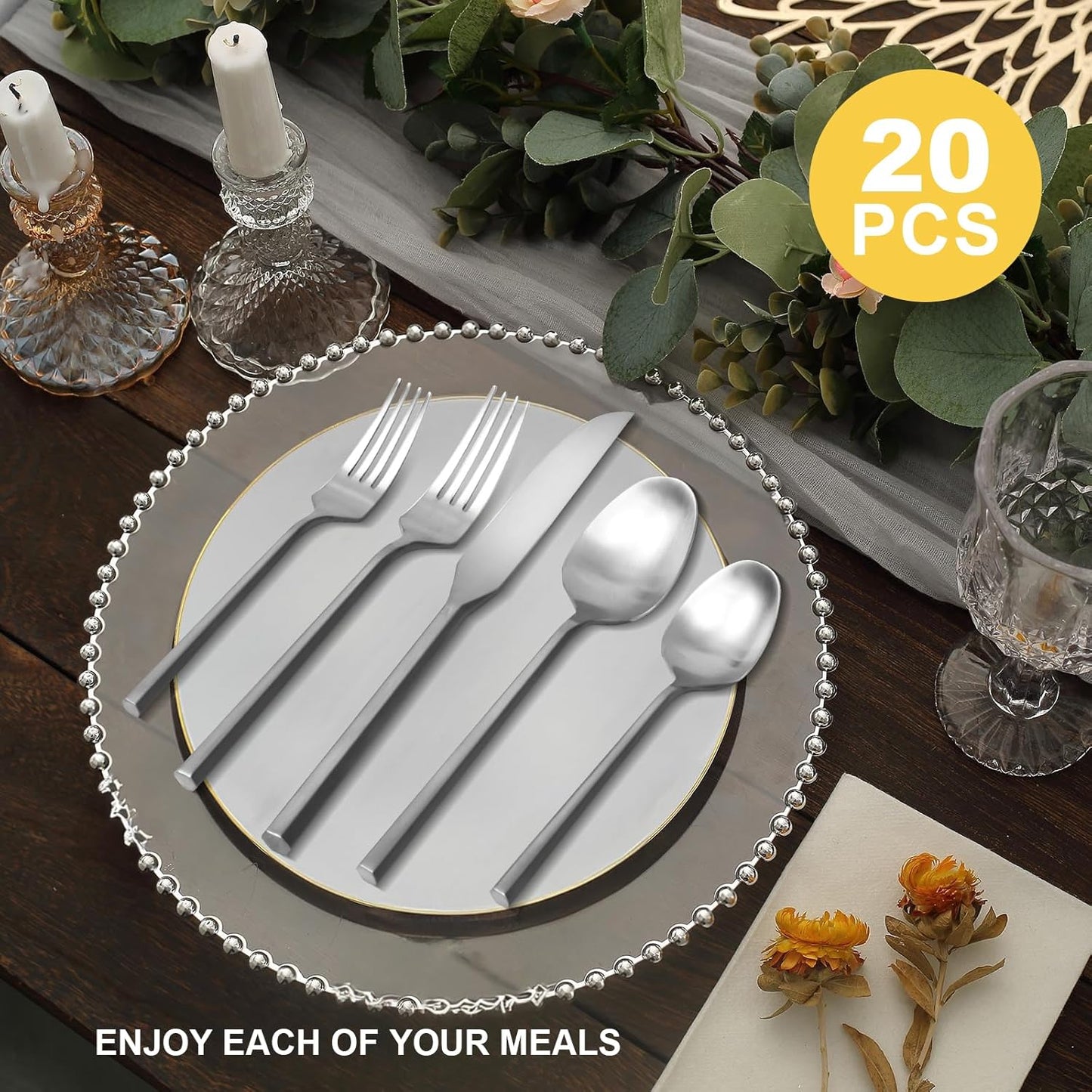 20 Piece Stainless Steel Silverware Set, Handle Flatware, Modern Matte Finish Cutlery Set, Service for 4, Dishwasher Safe