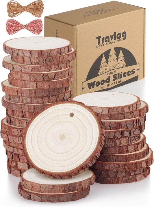 Unfinished Wood Slices with Hole, Natural Wood Circles Blank with Bark for DIY Crafts, Home Decor, Christmas Ornament (30Pcs, 2.4-2.8 Inch)