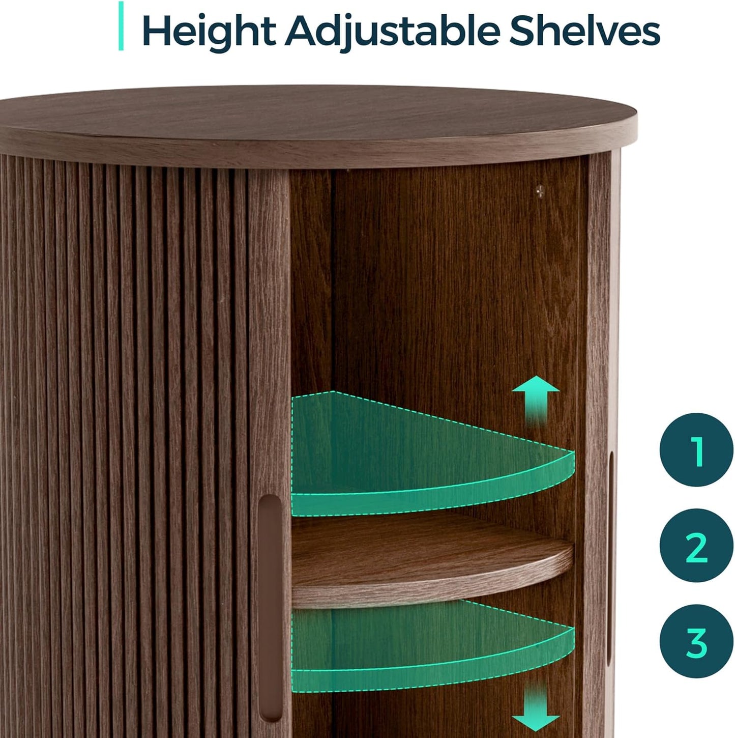 LINSY HOME Round Fluted End Table, Tall Side Table with Sliding Tambour Door and Storage Shelf, Modern Bedside Table, Mid-Century Nightstand for Living Room, Bedroom, Walnut