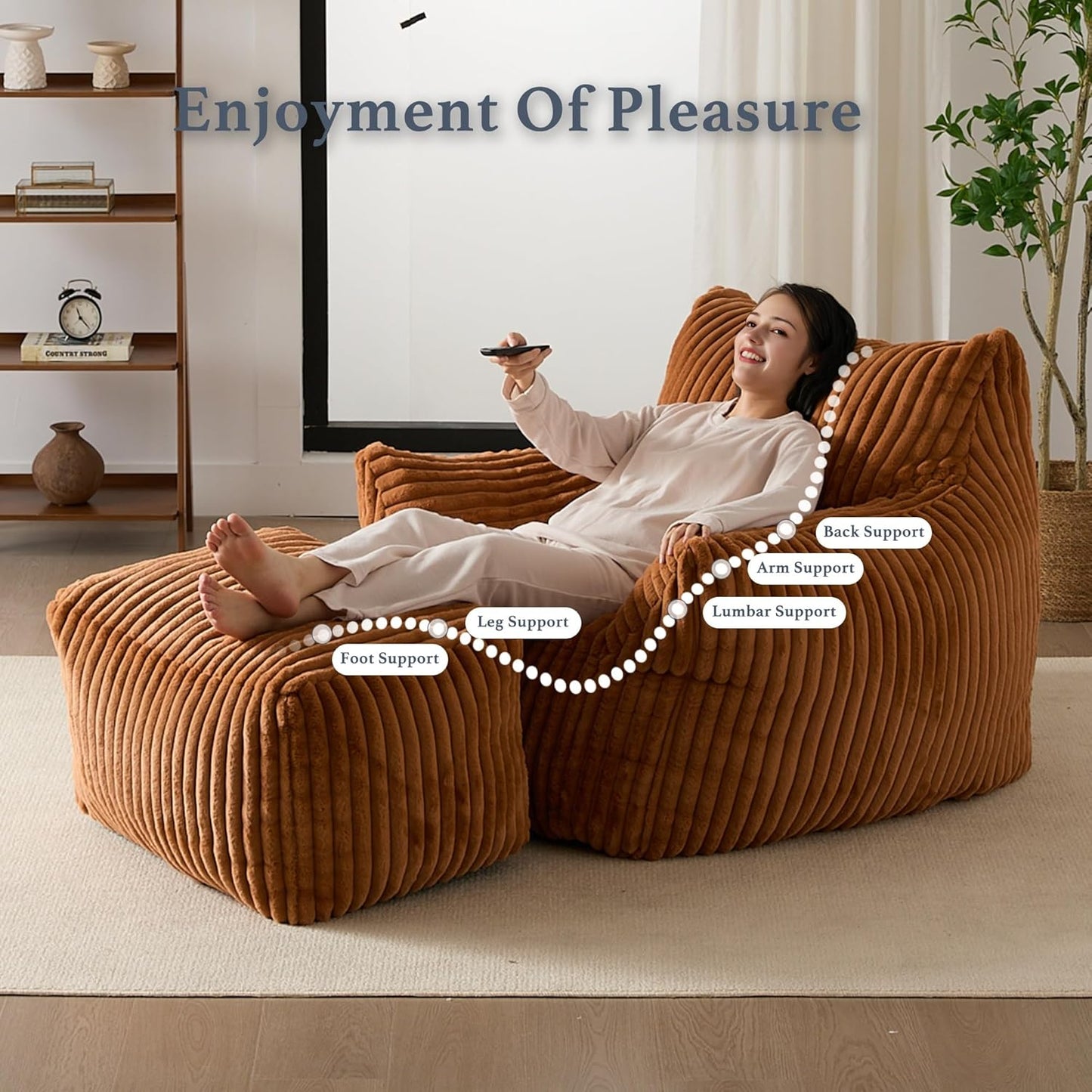 Oversized Bean Bag Chaise Lounge Chair Indoor for Adults with Armrests & Ottoman - Giant Comfy Orange Beanbag Floor Sofa Cloud Accent Chair for Reading, Gaming, Cozy Plush Cloud Mini Couch
