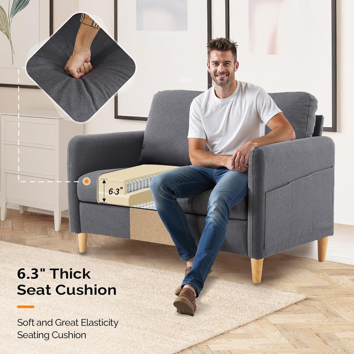 VINGLI 47" Small Couch, Dark Grey Linen Loveseat Sofa Mini Couch Mid Century Modern Decor Love Seat for Small Spaces Living Room, Bedroom, Play Room